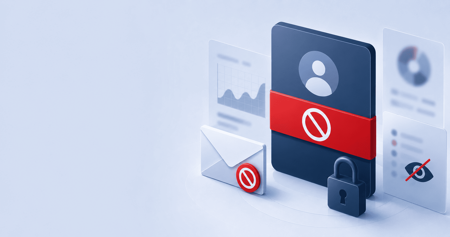 Alt: Ilustración de una cuenta digital restringida con correo bloqueado, métricas ocultas y símbolos de acceso denegado.