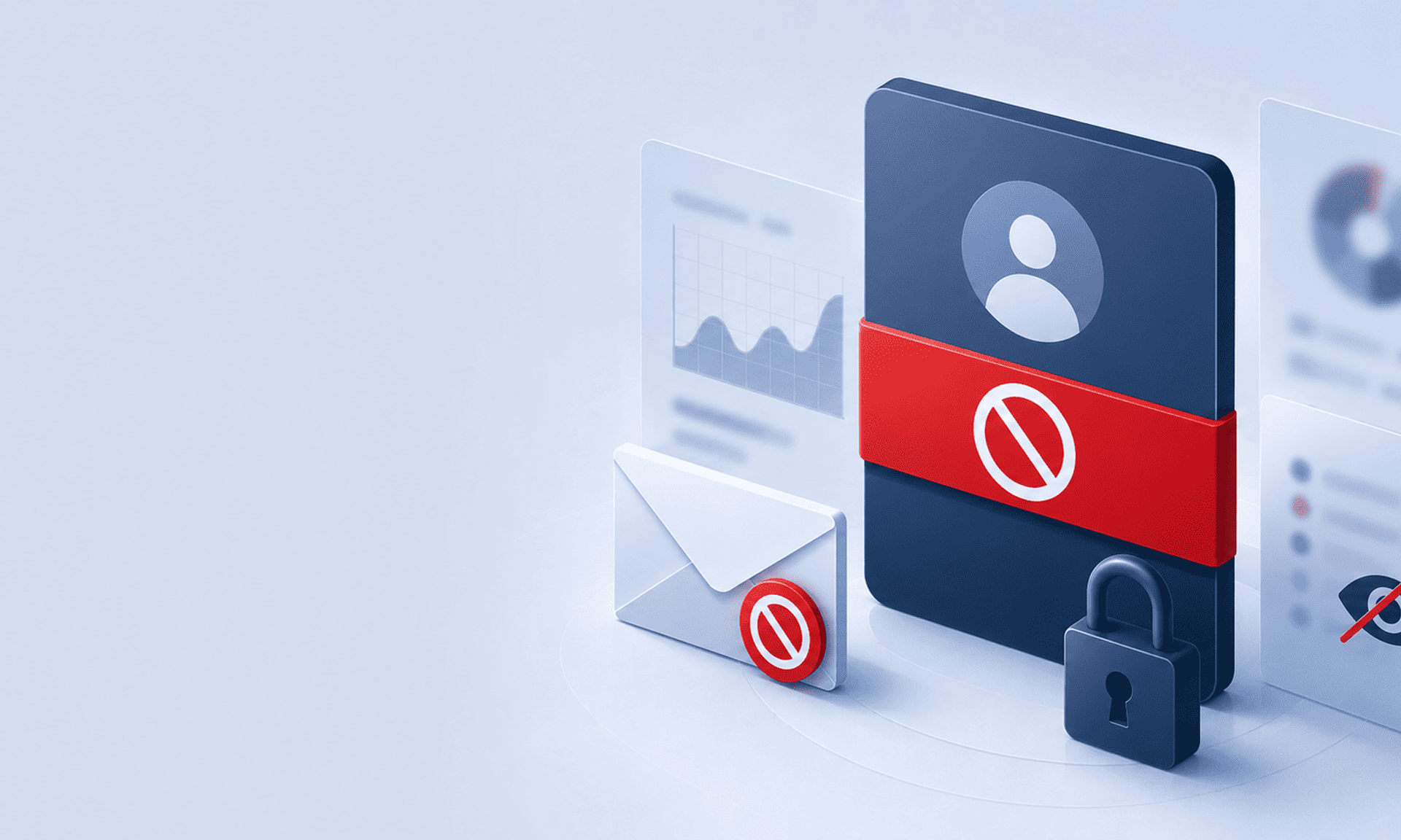 Alt: Ilustración de una cuenta digital restringida con correo bloqueado, métricas ocultas y símbolos de acceso denegado.