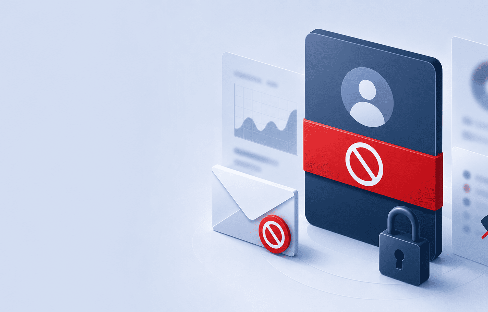 Alt: Ilustración de una cuenta digital restringida con correo bloqueado, métricas ocultas y símbolos de acceso denegado.