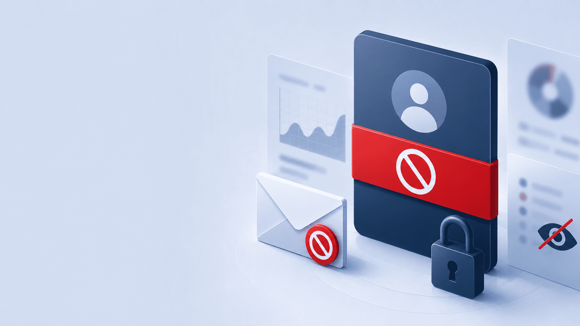 Alt: Ilustración de una cuenta digital restringida con correo bloqueado, métricas ocultas y símbolos de acceso denegado.