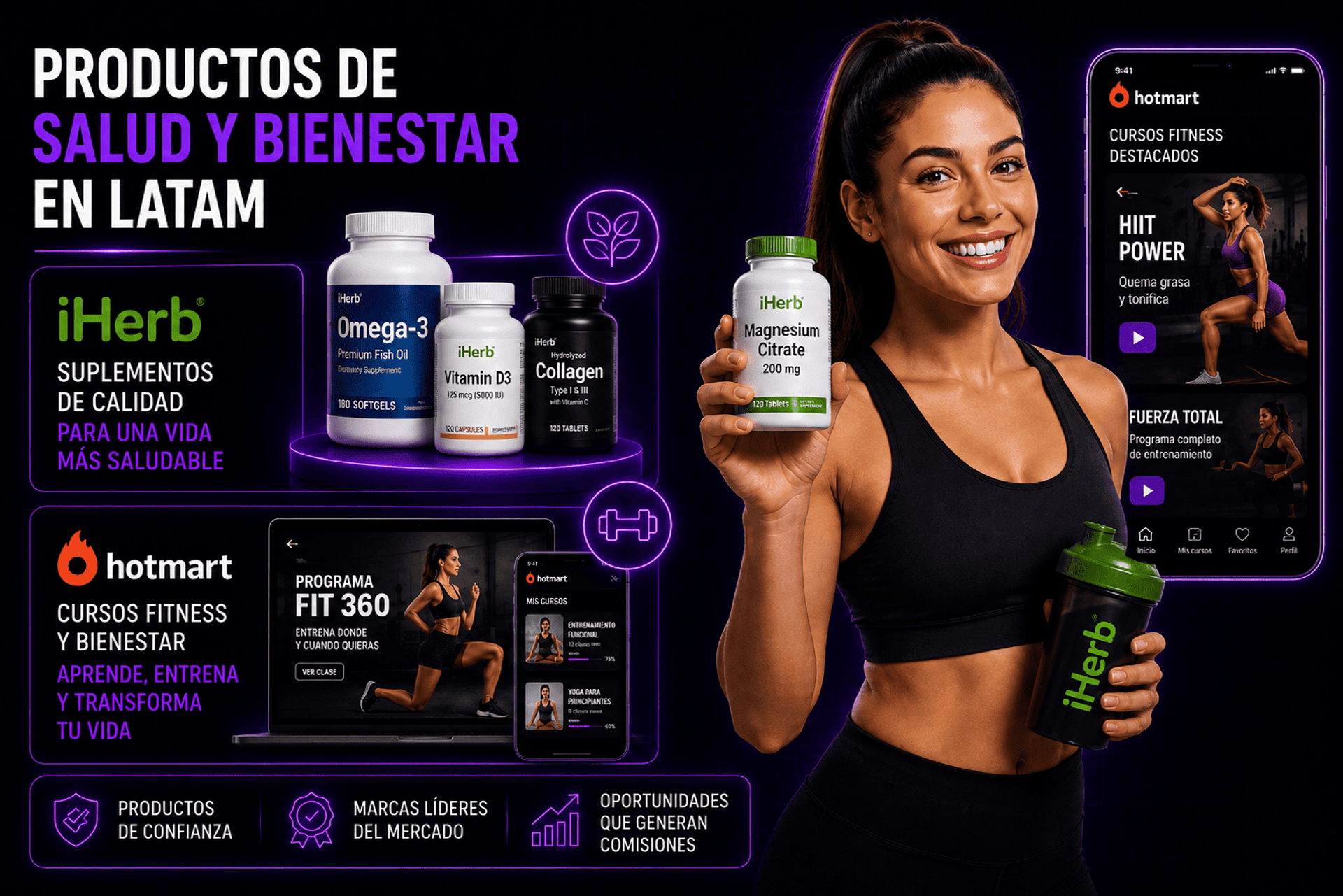 Una persona joven sosteniendo un suplemento vitamínico o haciendo ejercicio con una app.