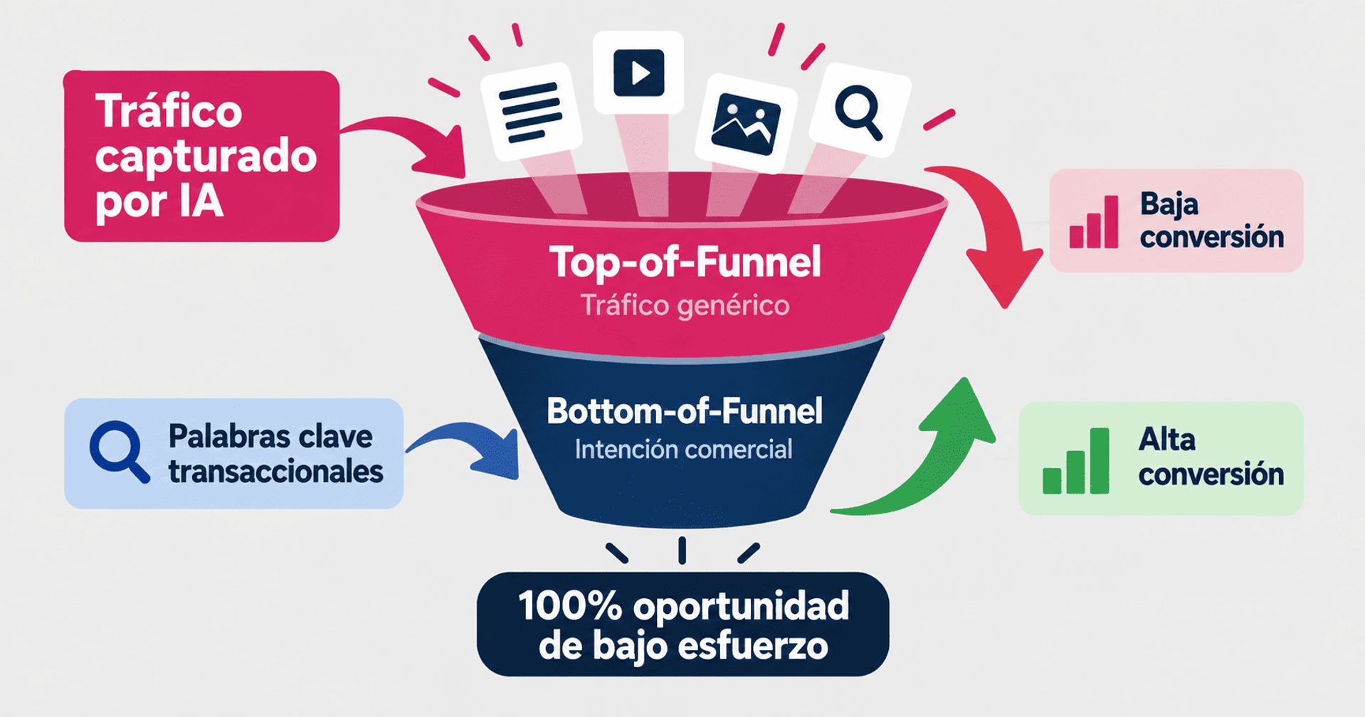 Embudo de marketing con tráfico capturado por IA, palabras clave transaccionales y niveles de conversión.