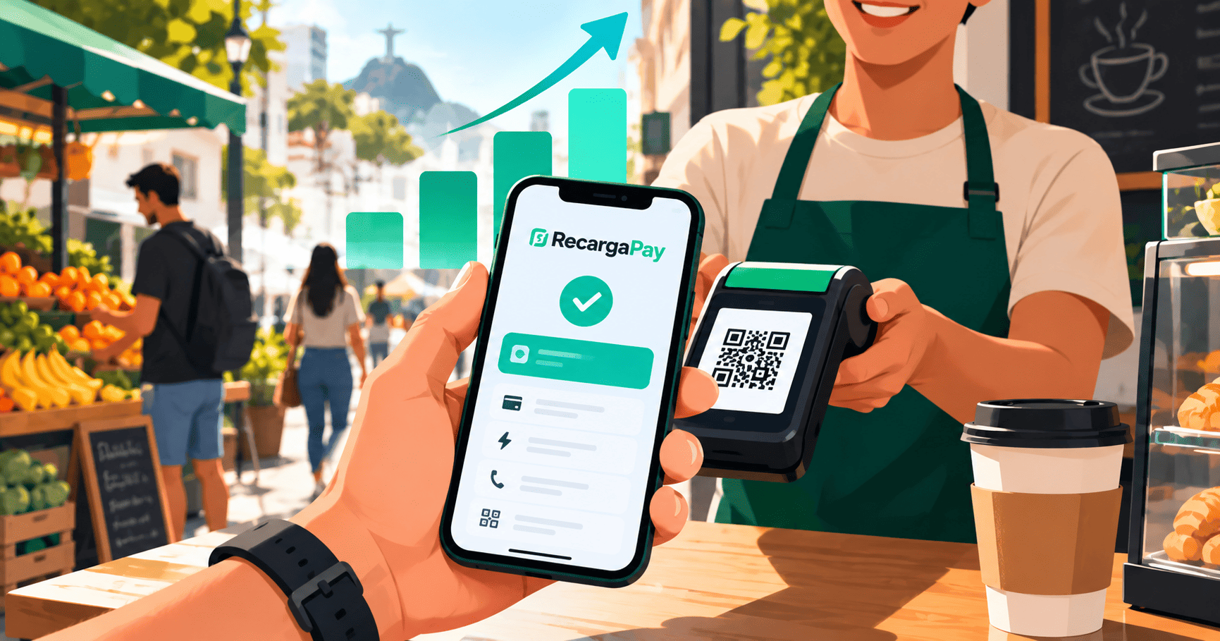 Pago con RecargaPay desde un smartphone en un pequeño comercio brasileño.