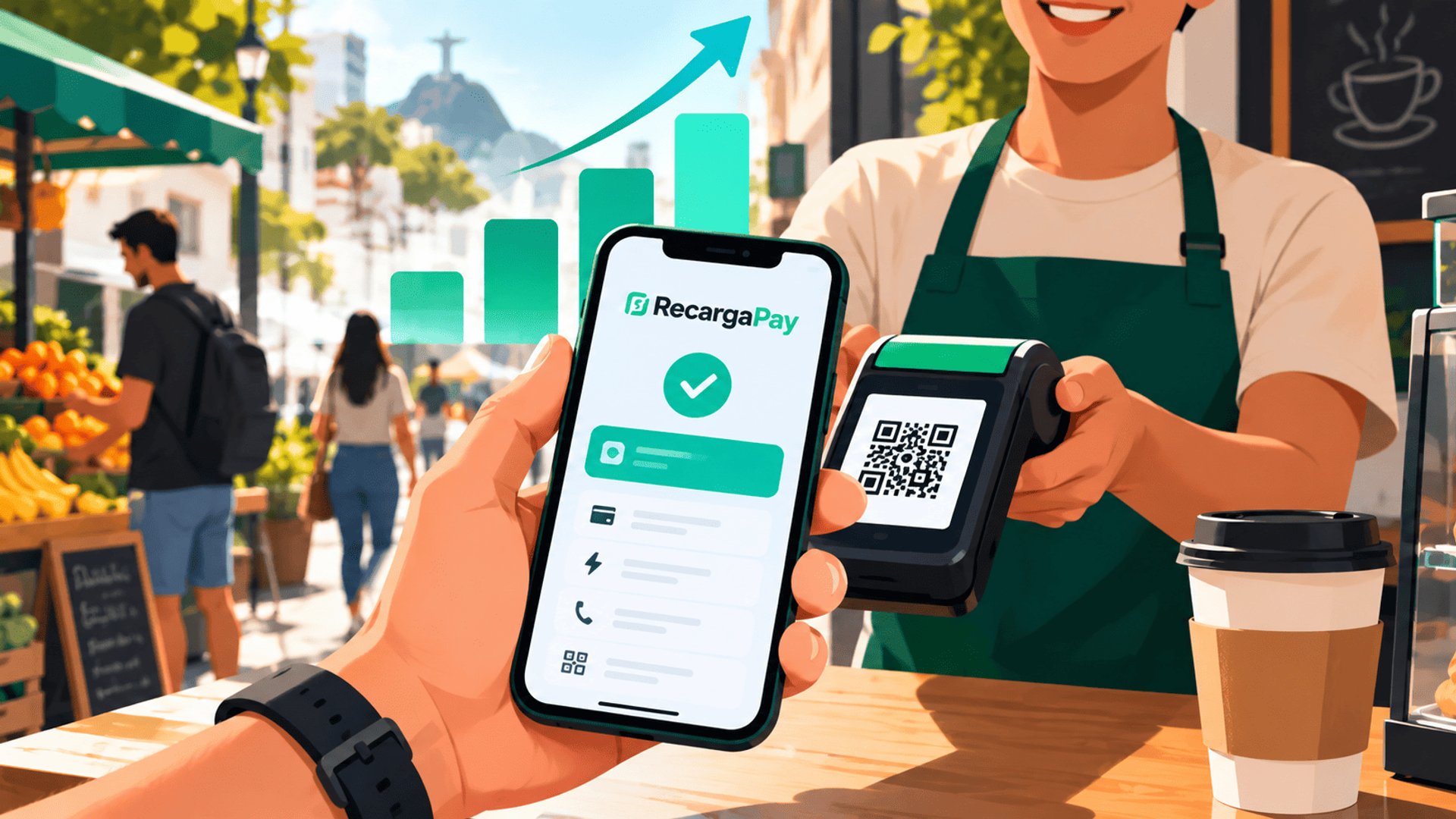Pago con RecargaPay desde un smartphone en un pequeño comercio brasileño.