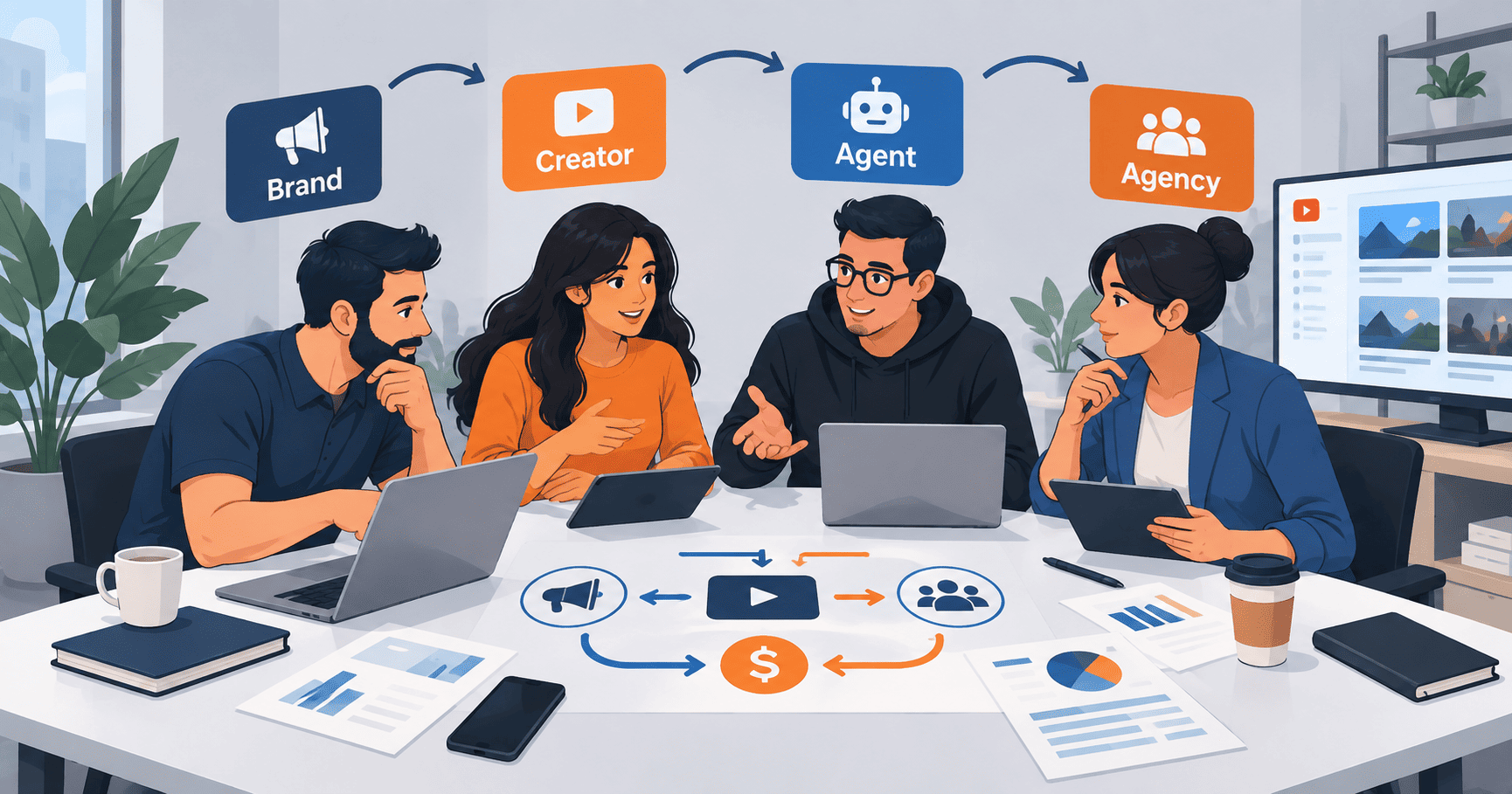 Colaboración entre marcas, creadores, agentes y agencias en un entorno digital.