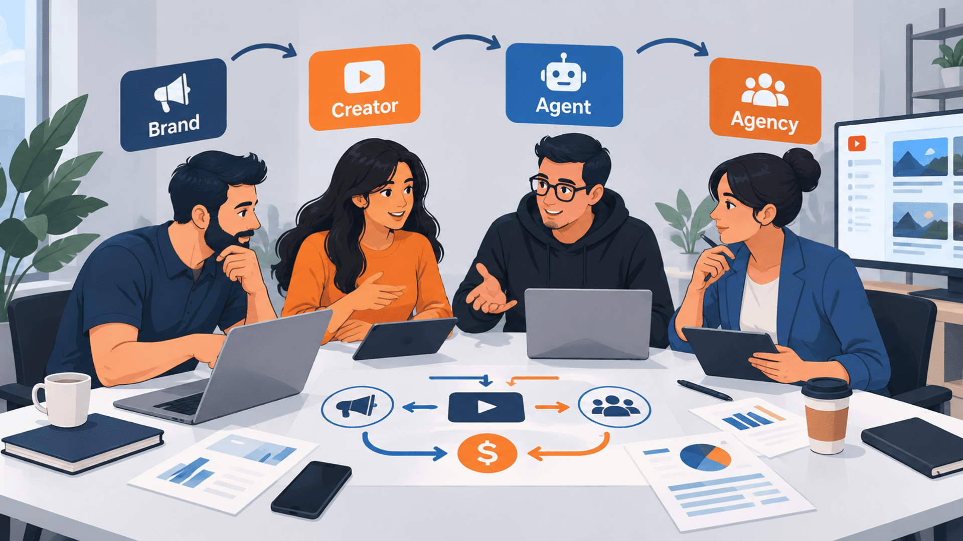 Colaboración entre marcas, creadores, agentes y agencias en un entorno digital.
