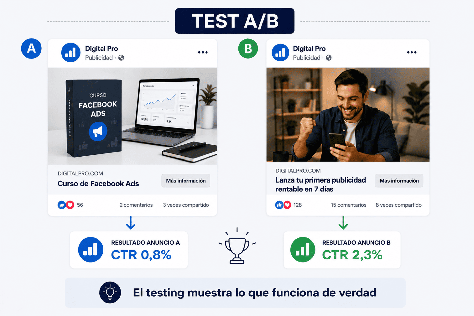Ejemplo de test A/B de creativos publicitarios en Facebook Ads resultados.