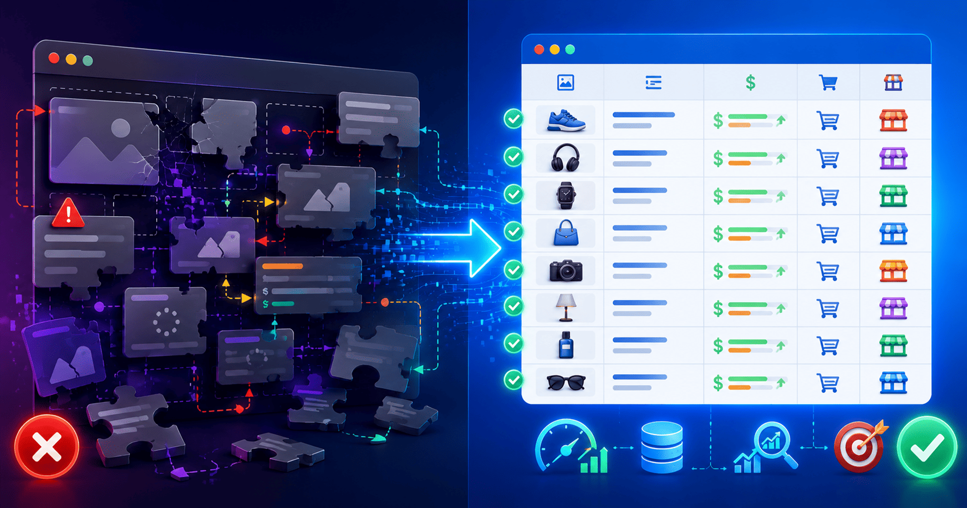 Comparación visual entre una página web con datos incompletos y una estructura organizada con información de productos.