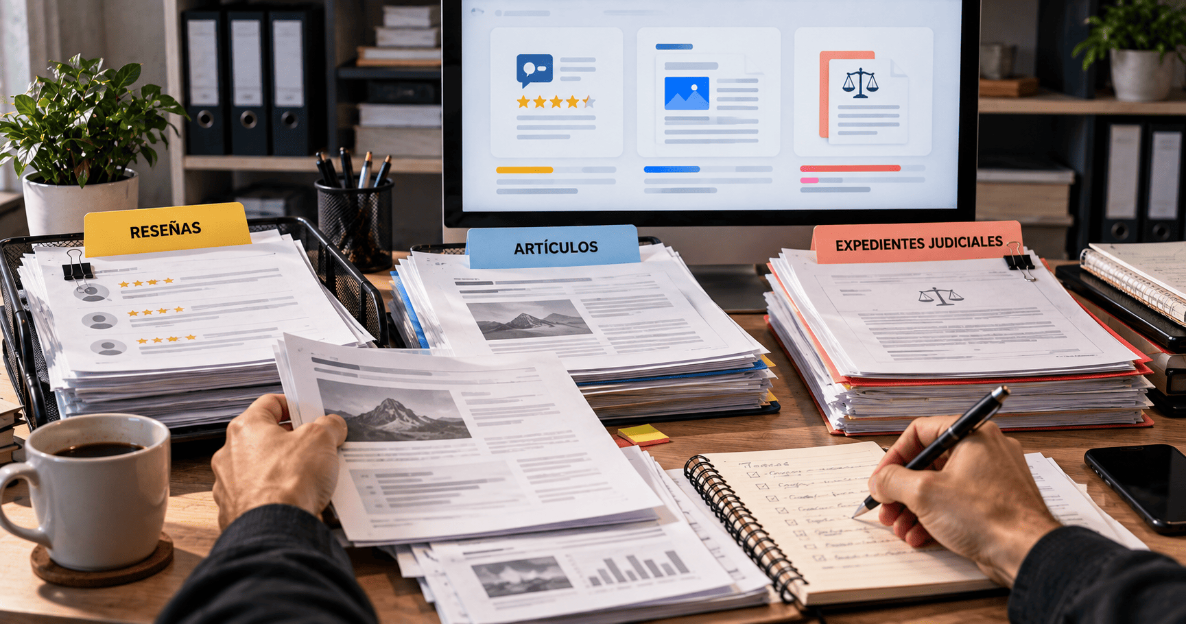 Revisión manual de reseñas, artículos y expedientes judiciales en un espacio de trabajo.