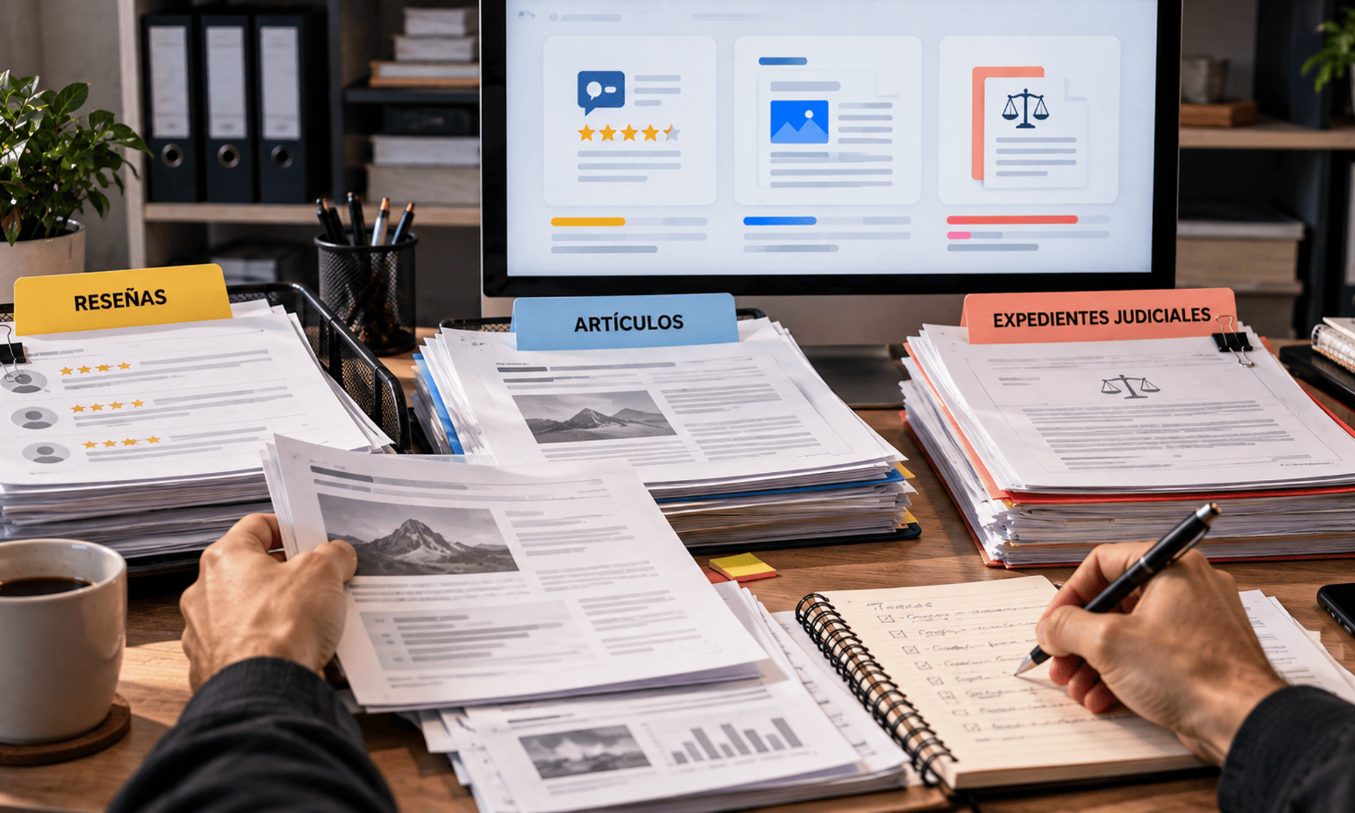Revisión manual de reseñas, artículos y expedientes judiciales en un espacio de trabajo.