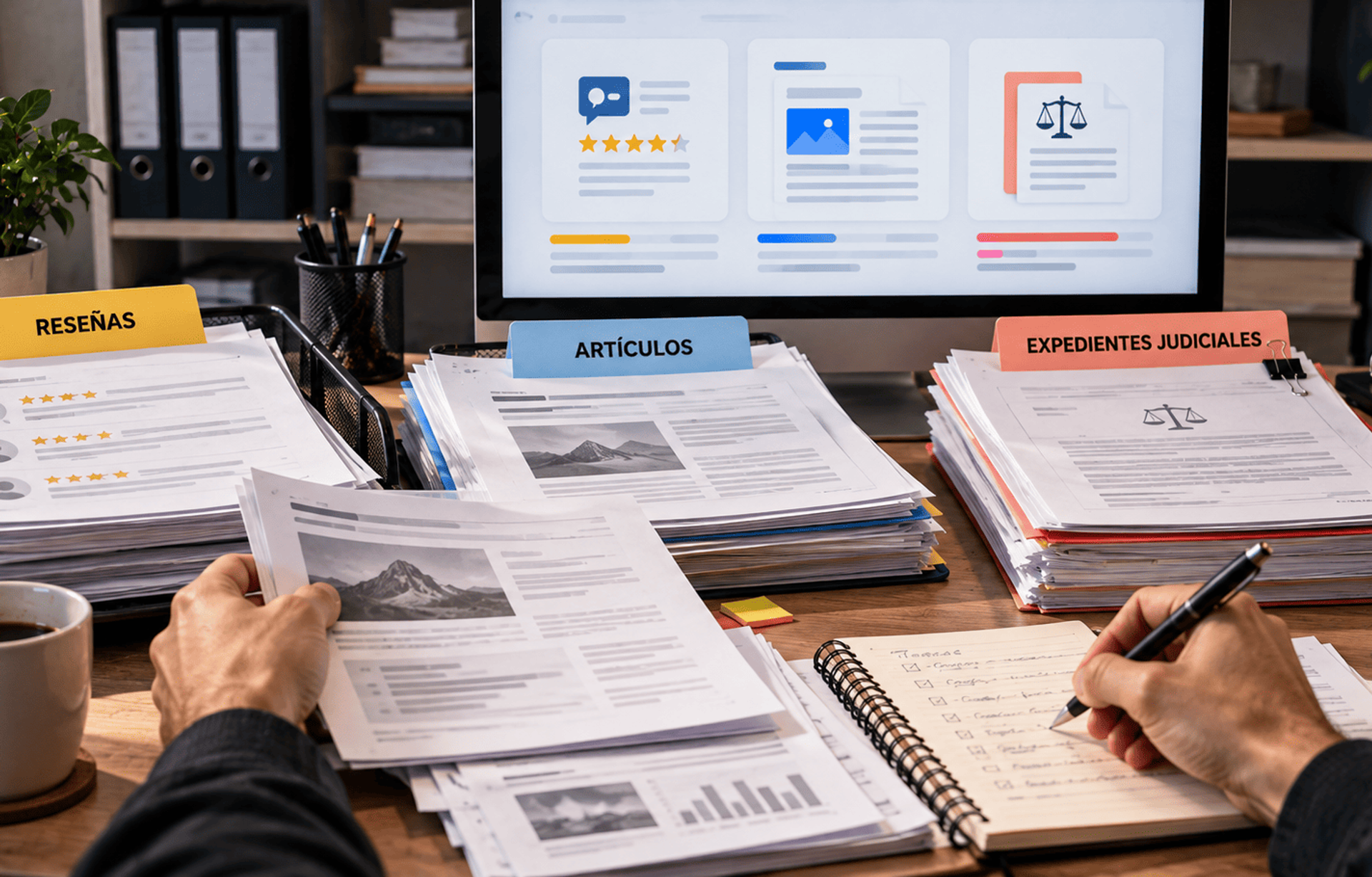 Revisión manual de reseñas, artículos y expedientes judiciales en un espacio de trabajo.