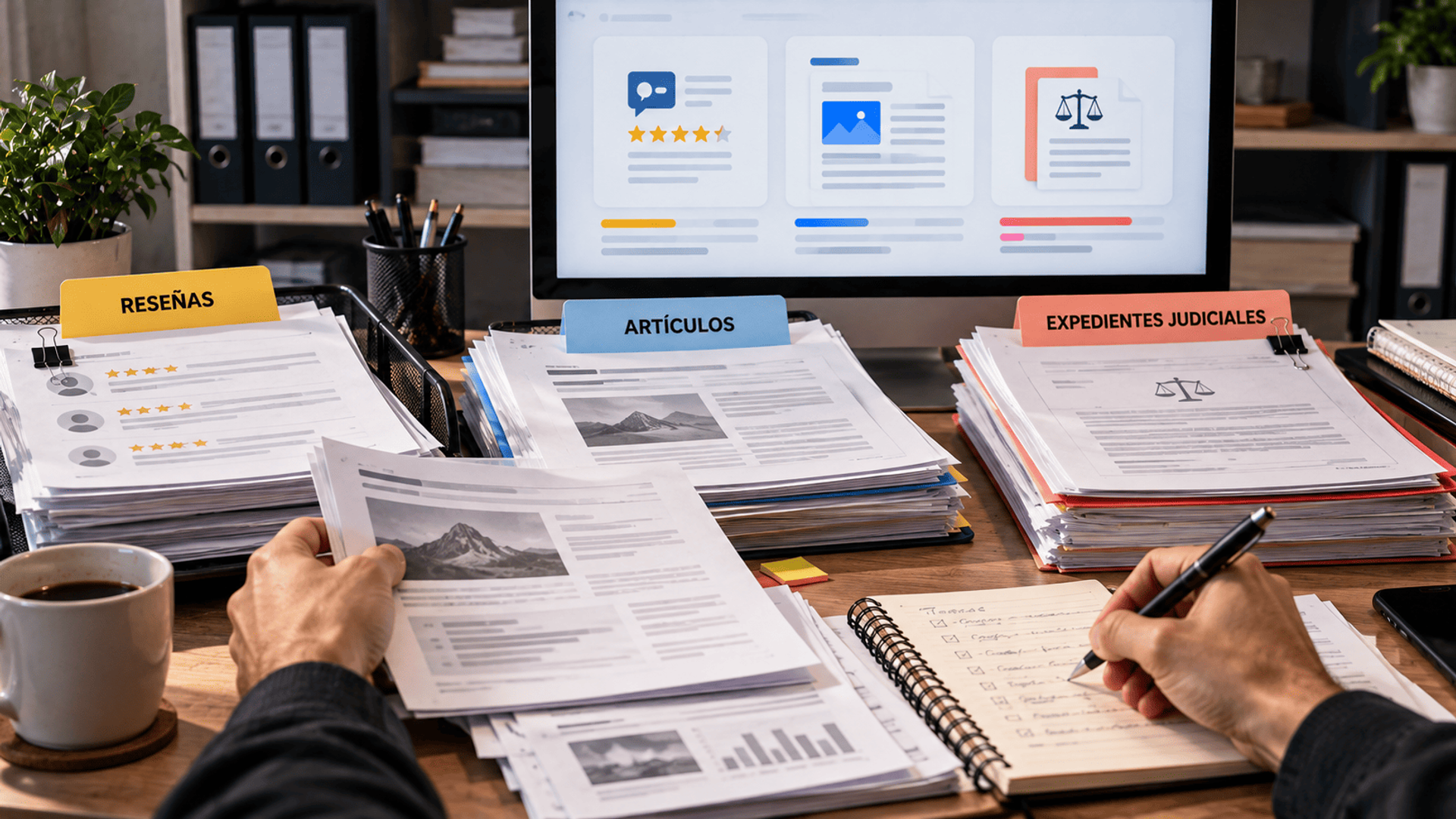 Revisión manual de reseñas, artículos y expedientes judiciales en un espacio de trabajo.