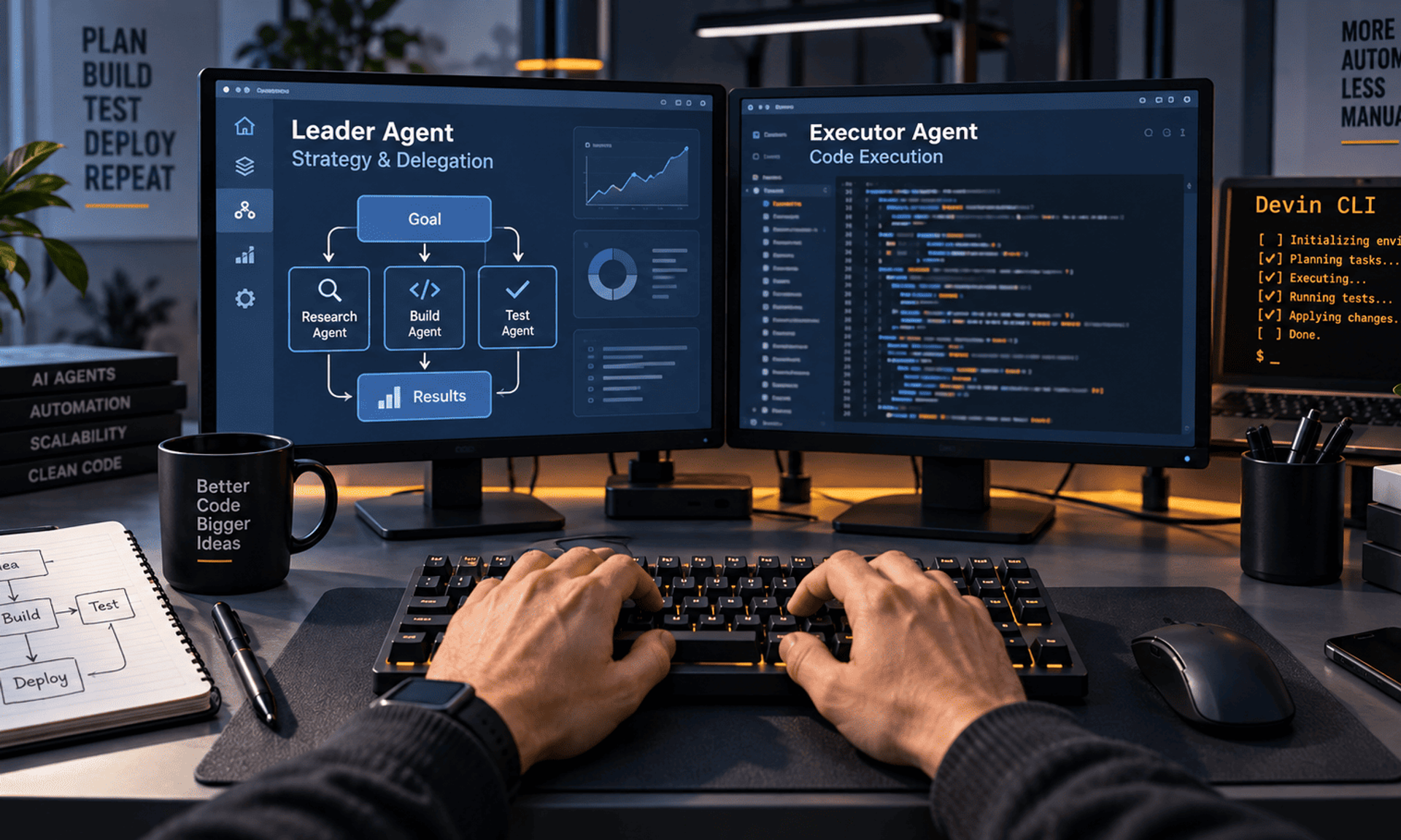 Desarrollador trabajando con agentes de IA para estrategia, delegación y ejecución de código.
