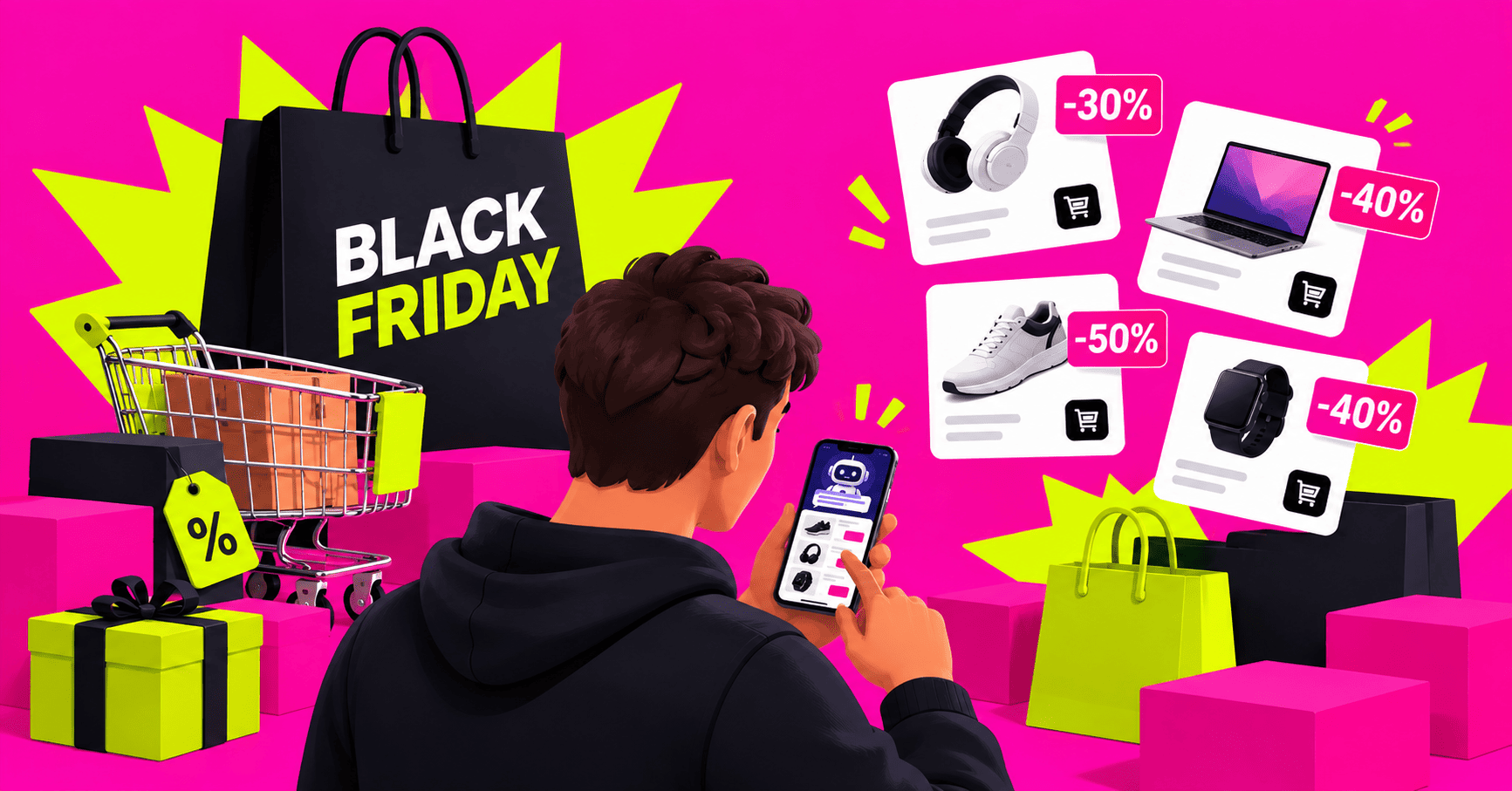 Comprador usa IA para encontrar ofertas y productos con descuento durante Black Friday.