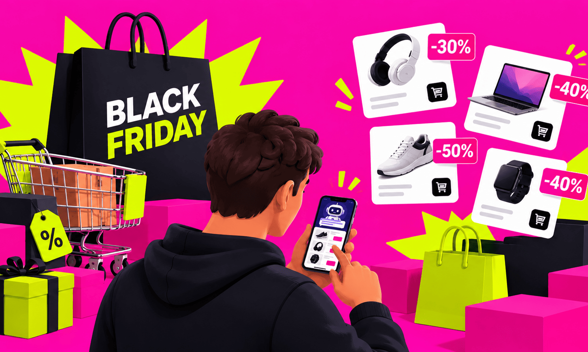 Comprador usa IA para encontrar ofertas y productos con descuento durante Black Friday.