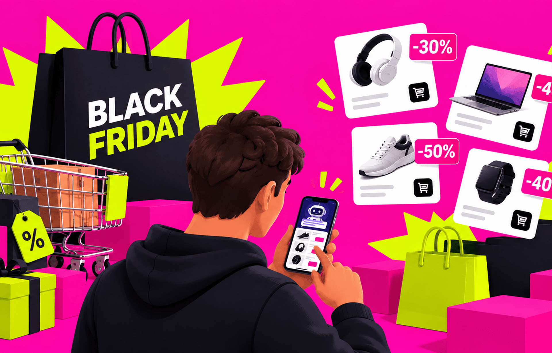 Comprador usa IA para encontrar ofertas y productos con descuento durante Black Friday.