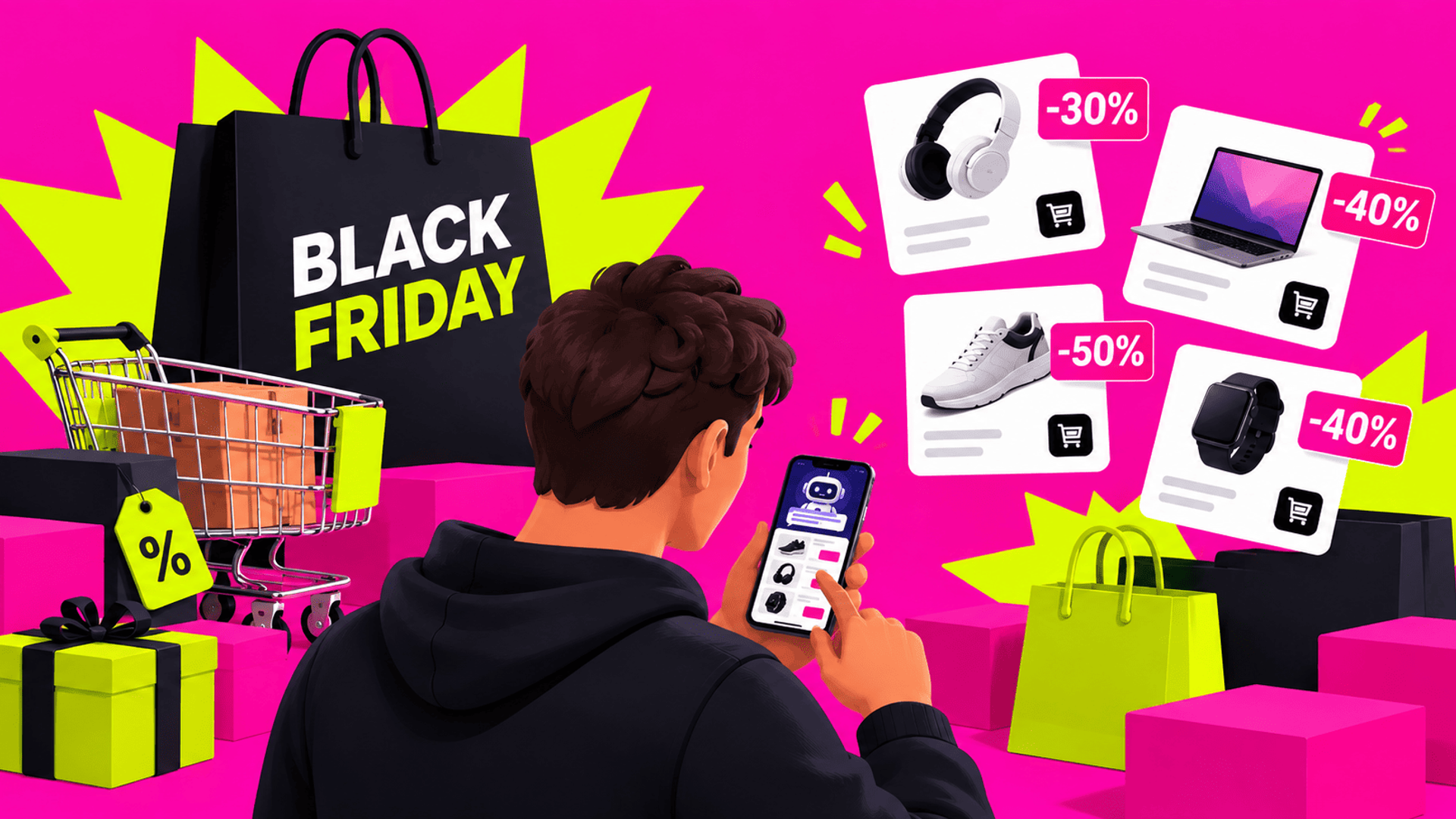 Comprador usa IA para encontrar ofertas y productos con descuento durante Black Friday.