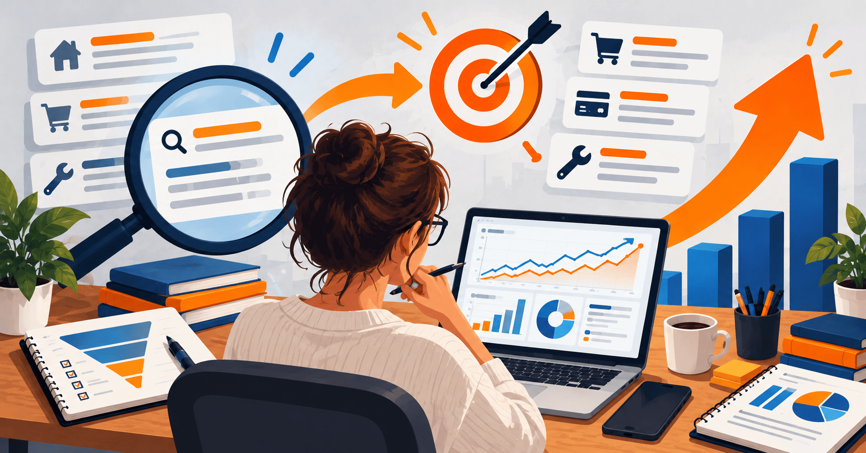 Especialista analiza tráfico, intención comercial y conversiones mediante gráficos y herramientas de marketing digital.