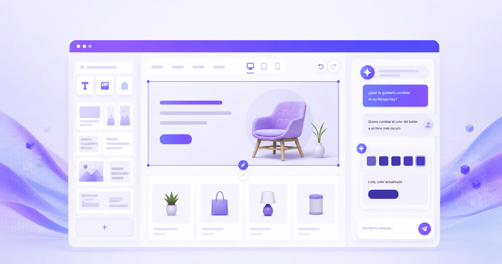 Ilustración de una plataforma con IA para crear y editar tiendas online mediante chat y editor visual.