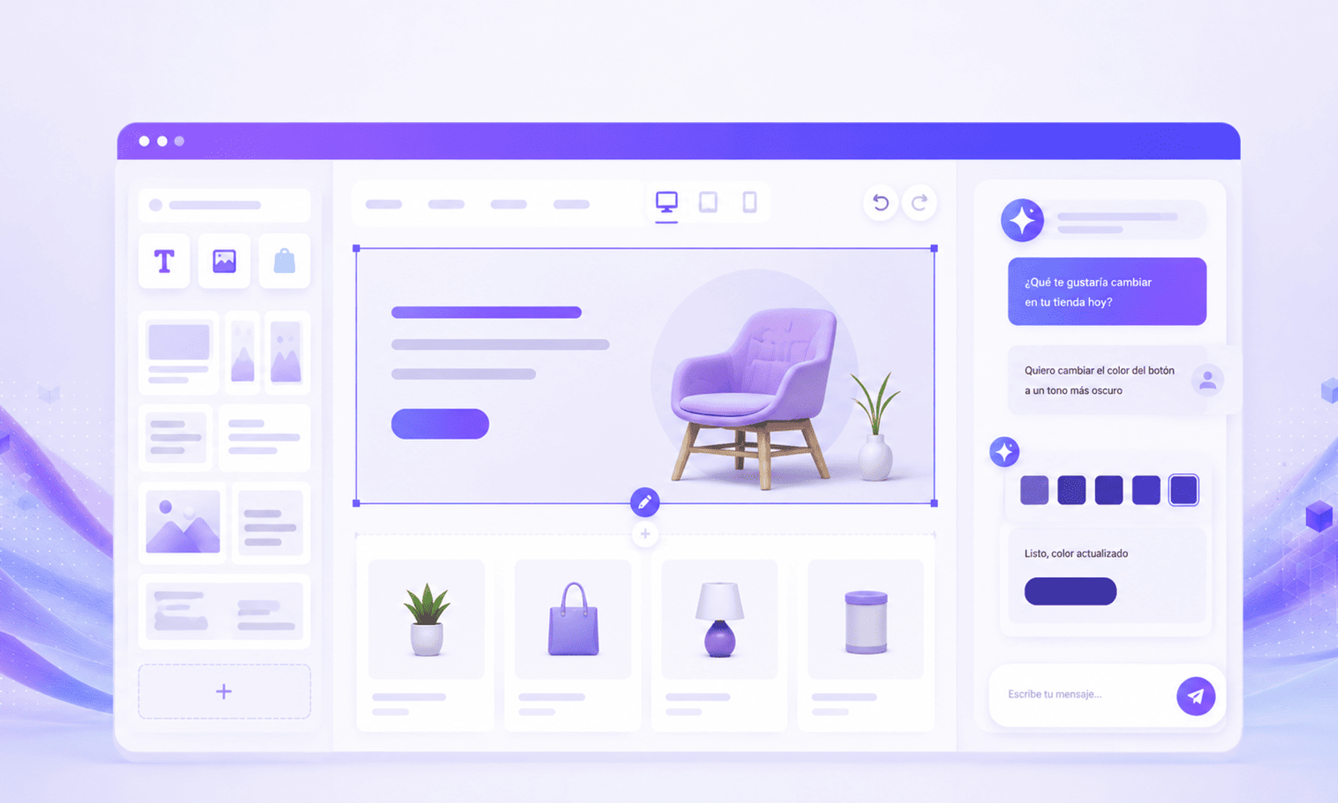 Ilustración de una plataforma con IA para crear y editar tiendas online mediante chat y editor visual.