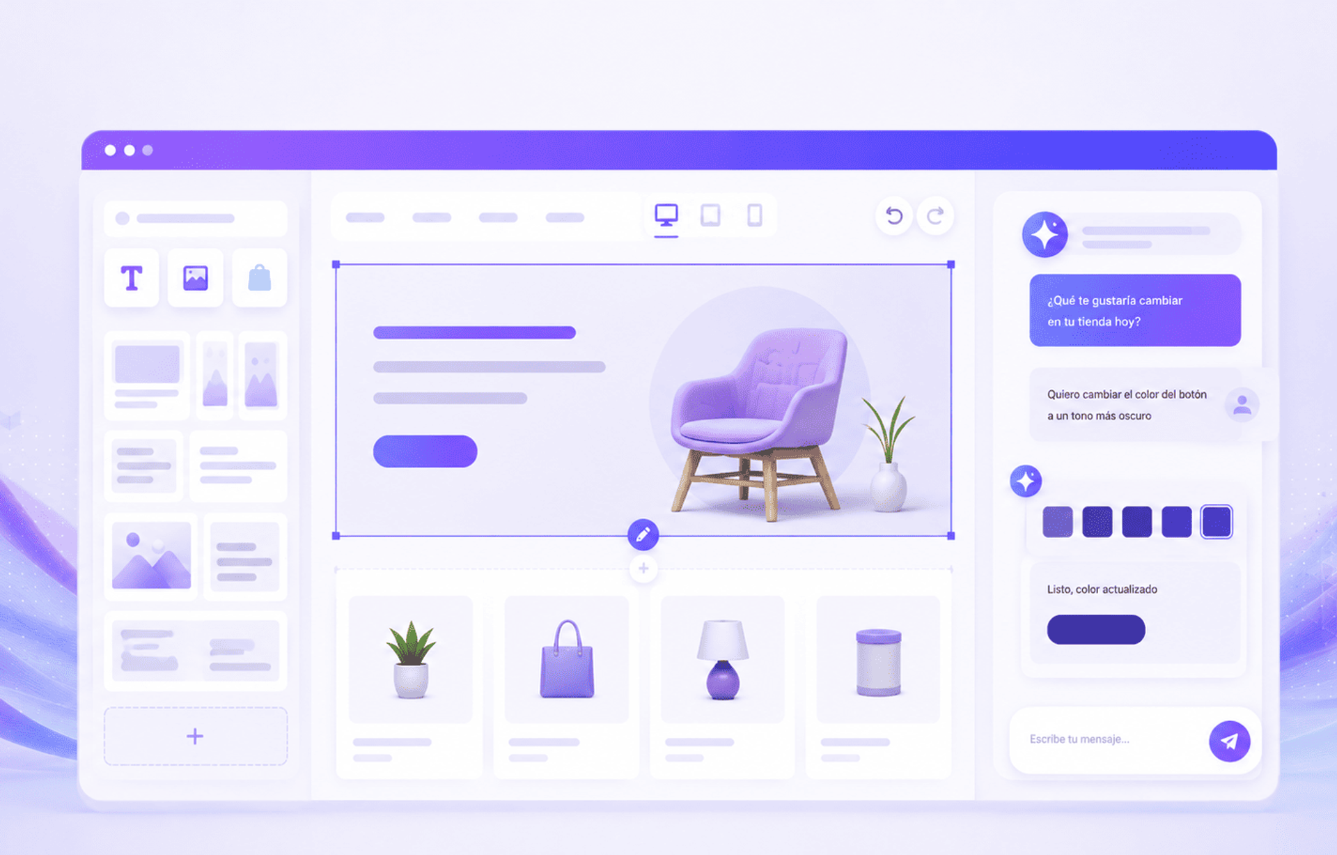 Ilustración de una plataforma con IA para crear y editar tiendas online mediante chat y editor visual.