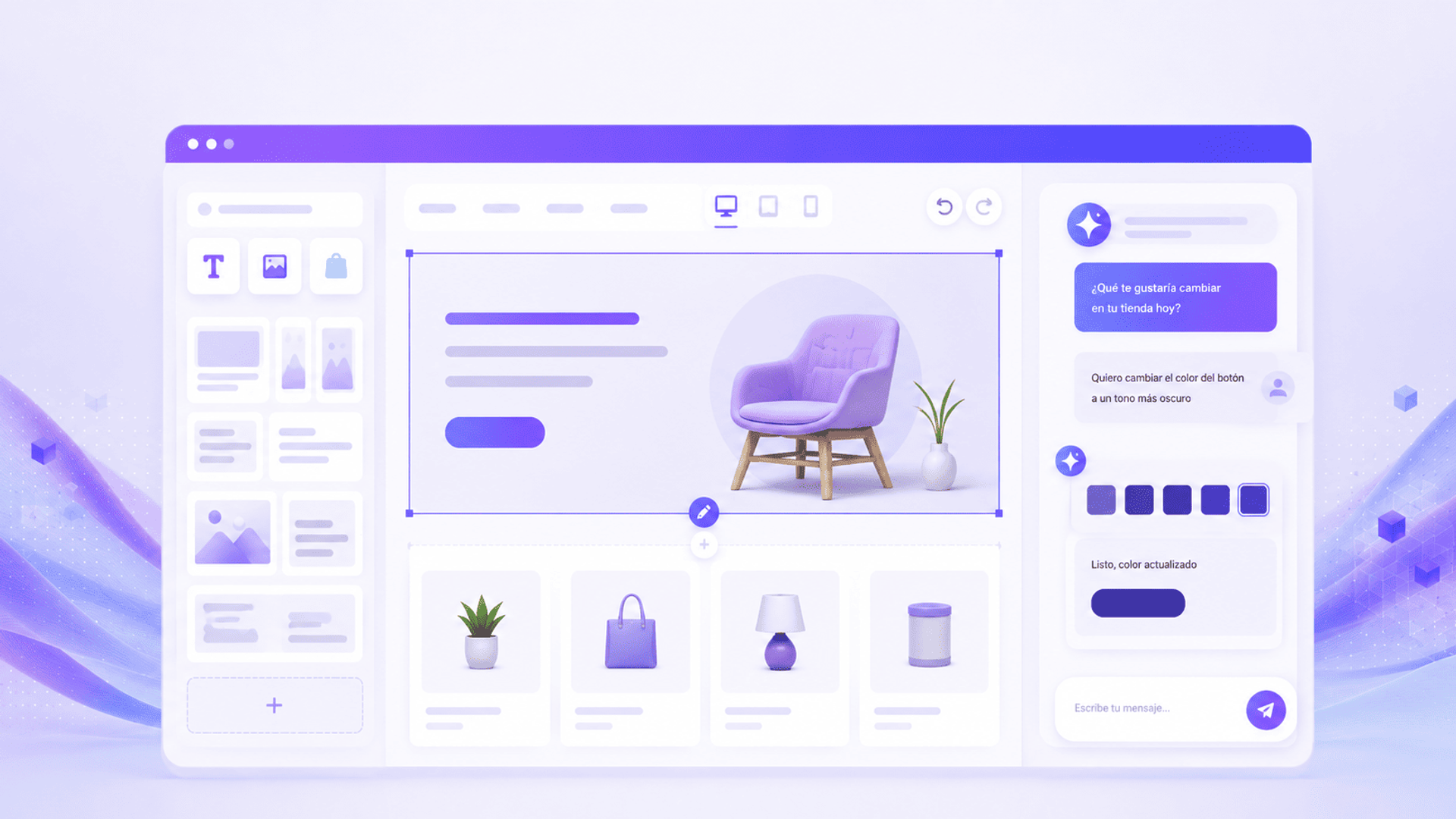 Ilustración de una plataforma con IA para crear y editar tiendas online mediante chat y editor visual.