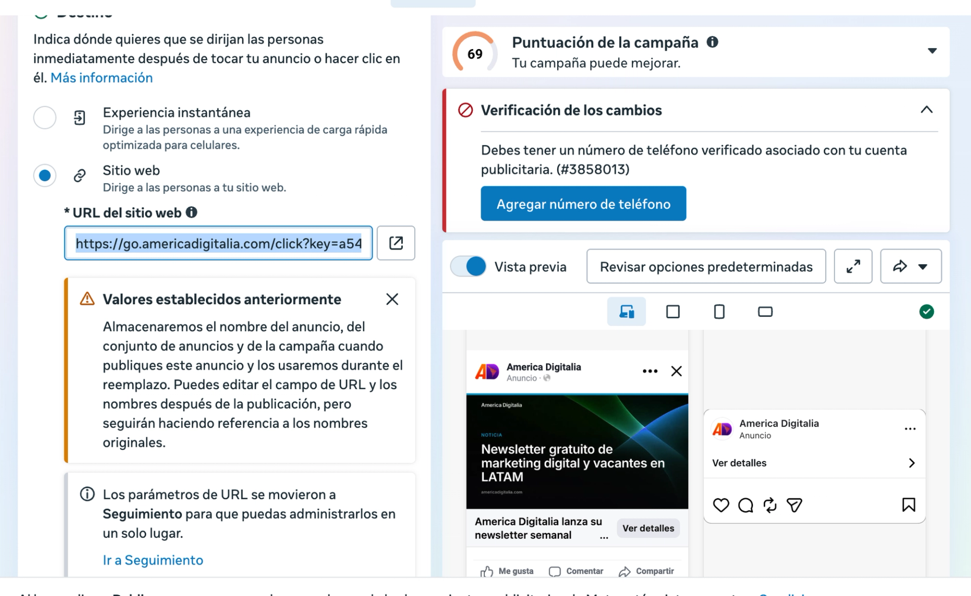 Meta, bloque rojo «Verificación de los cambios» con el error #3858013 del número de teléfono y el botón «Agregar número de teléfono».