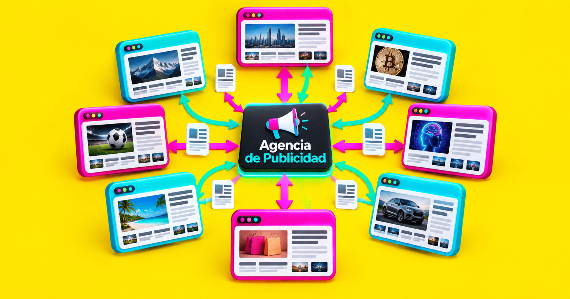 Red de sitios web conectados a una agencia de publicidad central para distribuir contenidos.