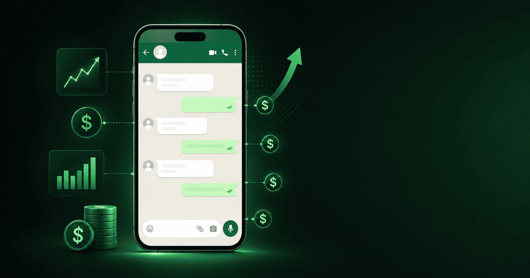 Ilustración de un smartphone con mensajería empresarial, iconos financieros y gráficos que representan el nuevo modelo de costos.