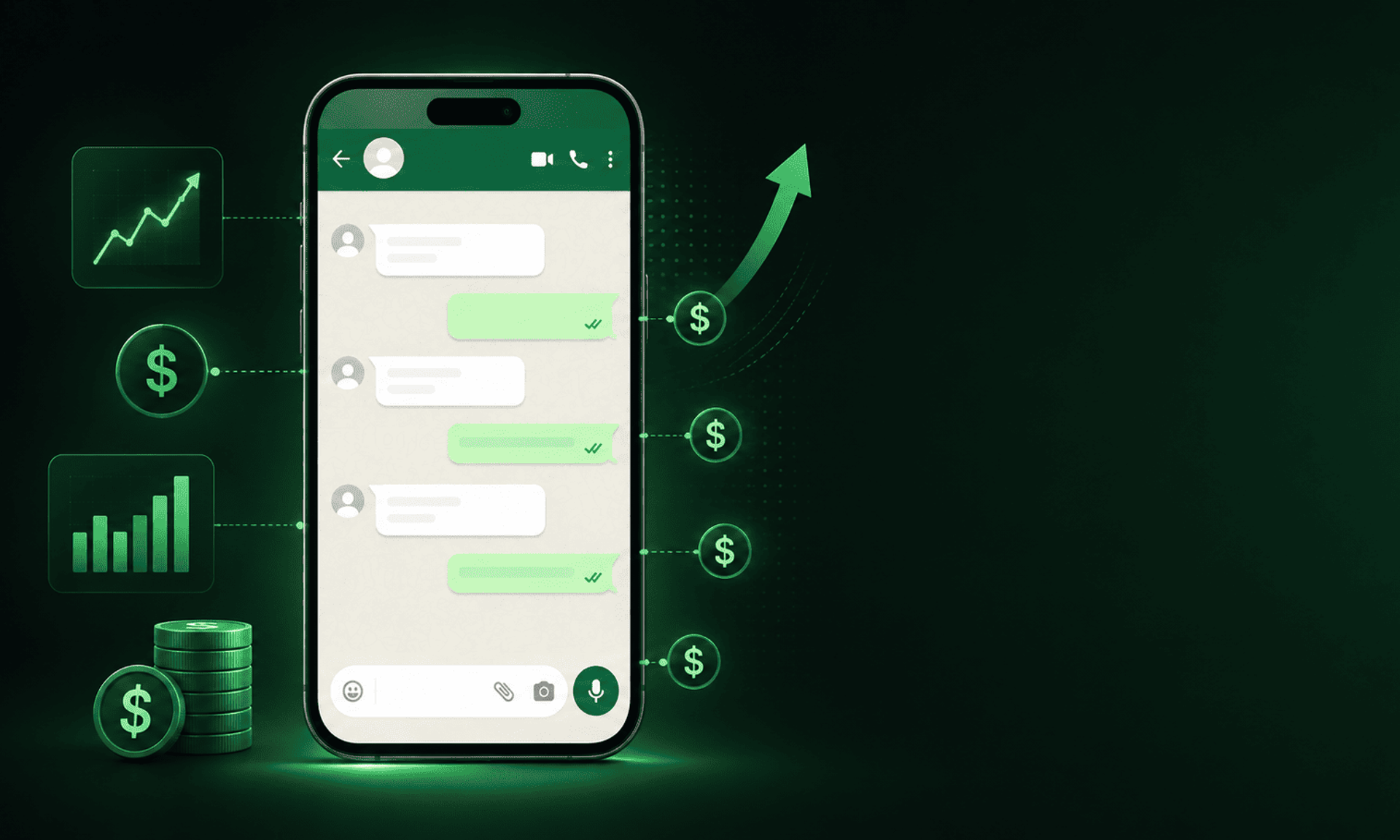 Ilustración de un smartphone con mensajería empresarial, iconos financieros y gráficos que representan el nuevo modelo de costos.