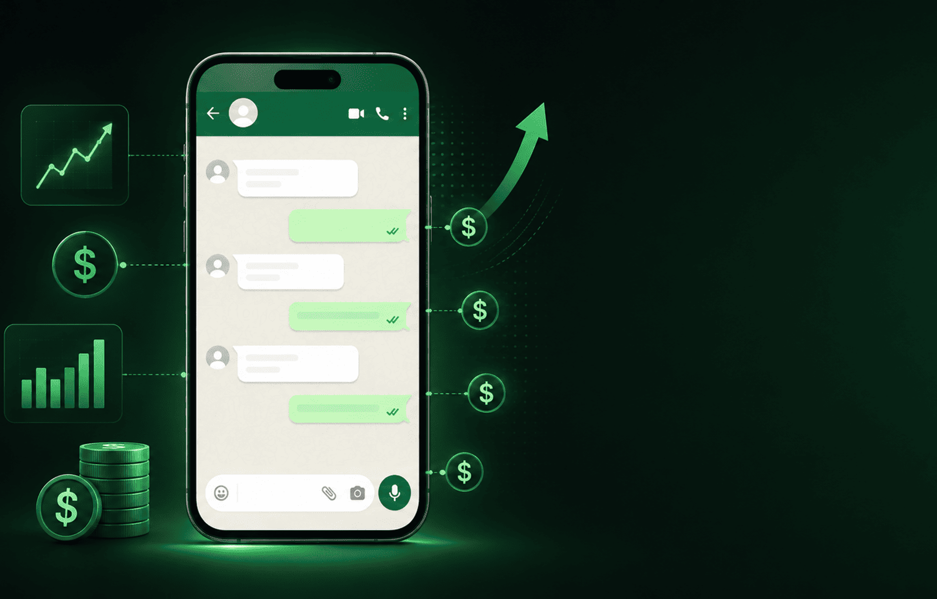 Ilustración de un smartphone con mensajería empresarial, iconos financieros y gráficos que representan el nuevo modelo de costos.