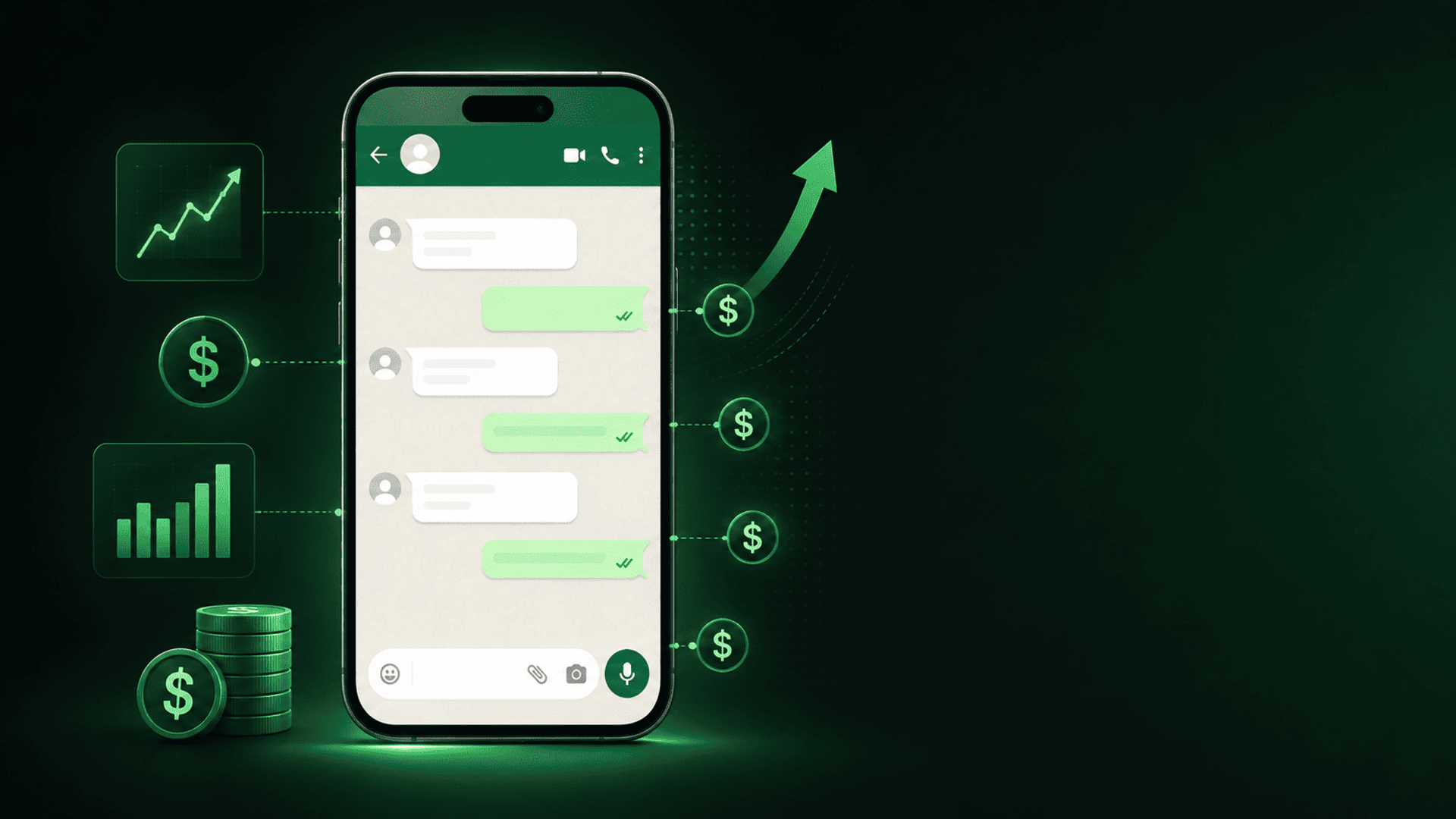 Ilustración de un smartphone con mensajería empresarial, iconos financieros y gráficos que representan el nuevo modelo de costos.