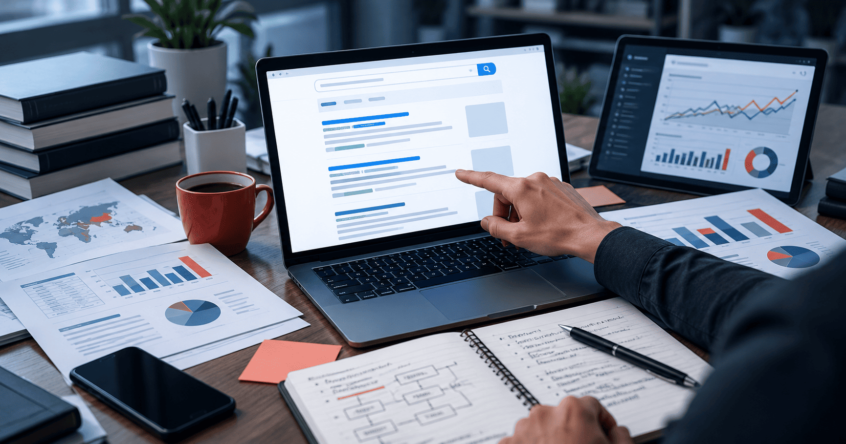 Análisis de datos y resultados de búsqueda en un entorno profesional de investigación digital.