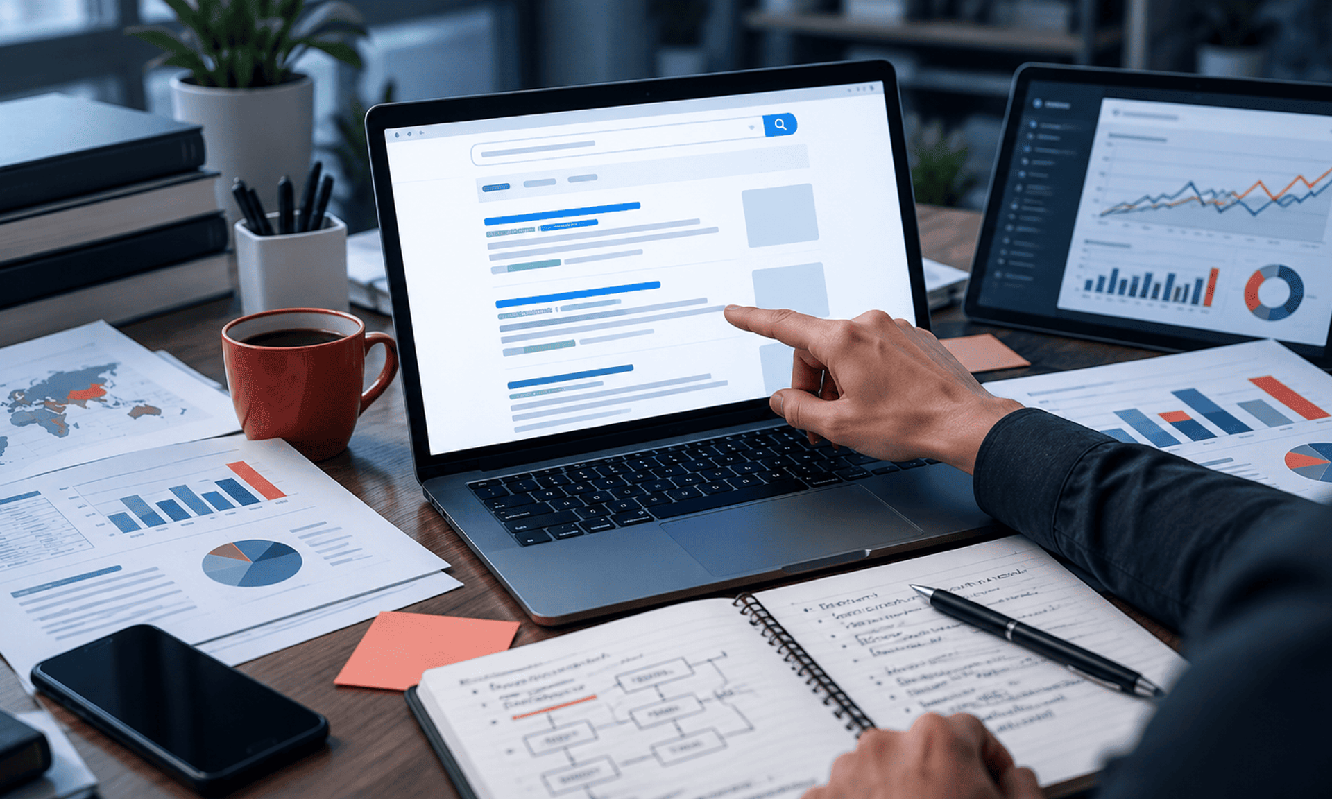 Análisis de datos y resultados de búsqueda en un entorno profesional de investigación digital.