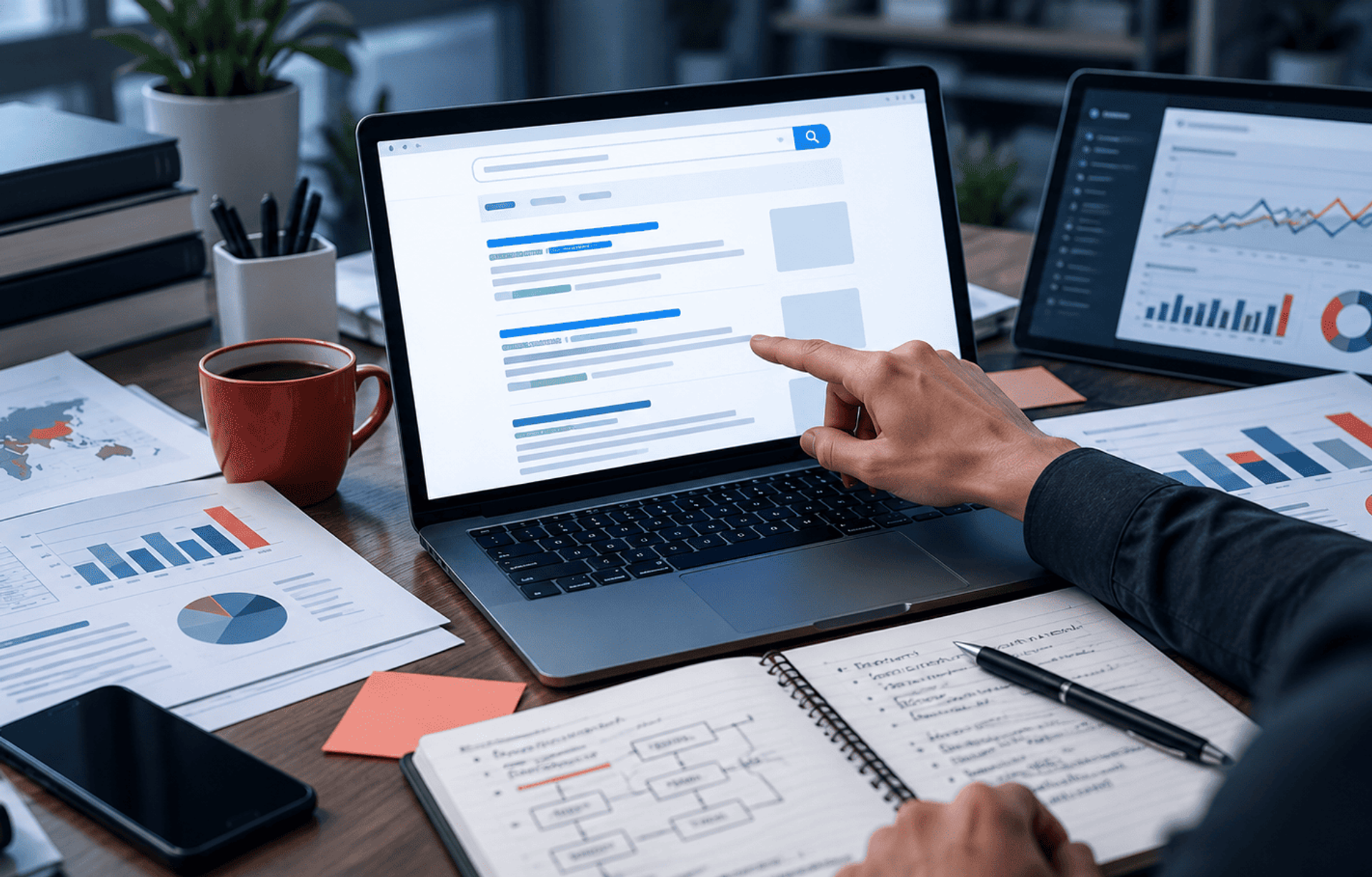 Análisis de datos y resultados de búsqueda en un entorno profesional de investigación digital.