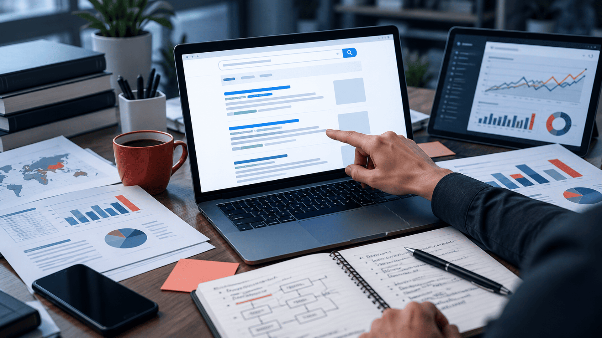 Análisis de datos y resultados de búsqueda en un entorno profesional de investigación digital.