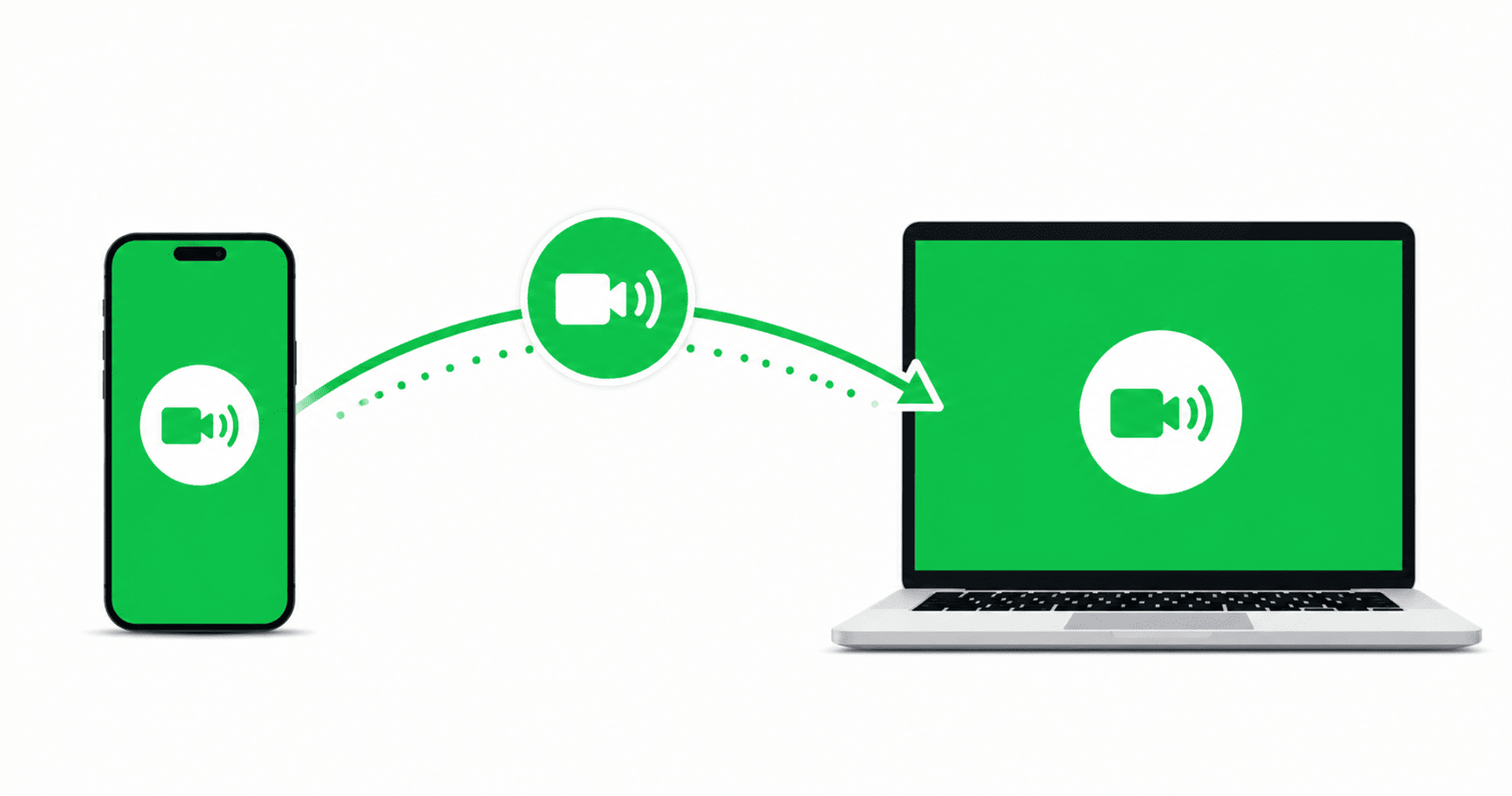 Transferencia de una videollamada entre smartphone y laptop con diseño inspirado en WhatsApp.