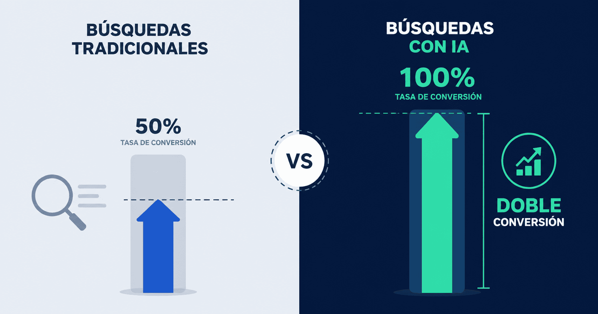 Infografía comparativa entre búsquedas tradicionales y búsquedas con IA, mostrando una tasa de conversión significativamente mayor en los resultados impulsados por inteligencia artificial.