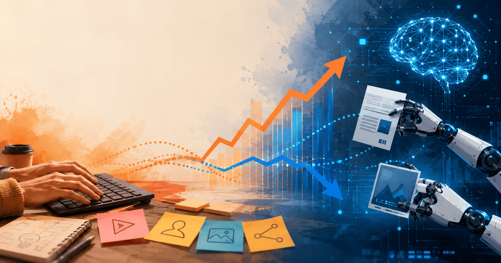Ilustracion digital semi-realista que muestra la colaboracion entre creacion de contenido humano y la inteligencia artificial con un grafico de rendimiento SEO en el centro