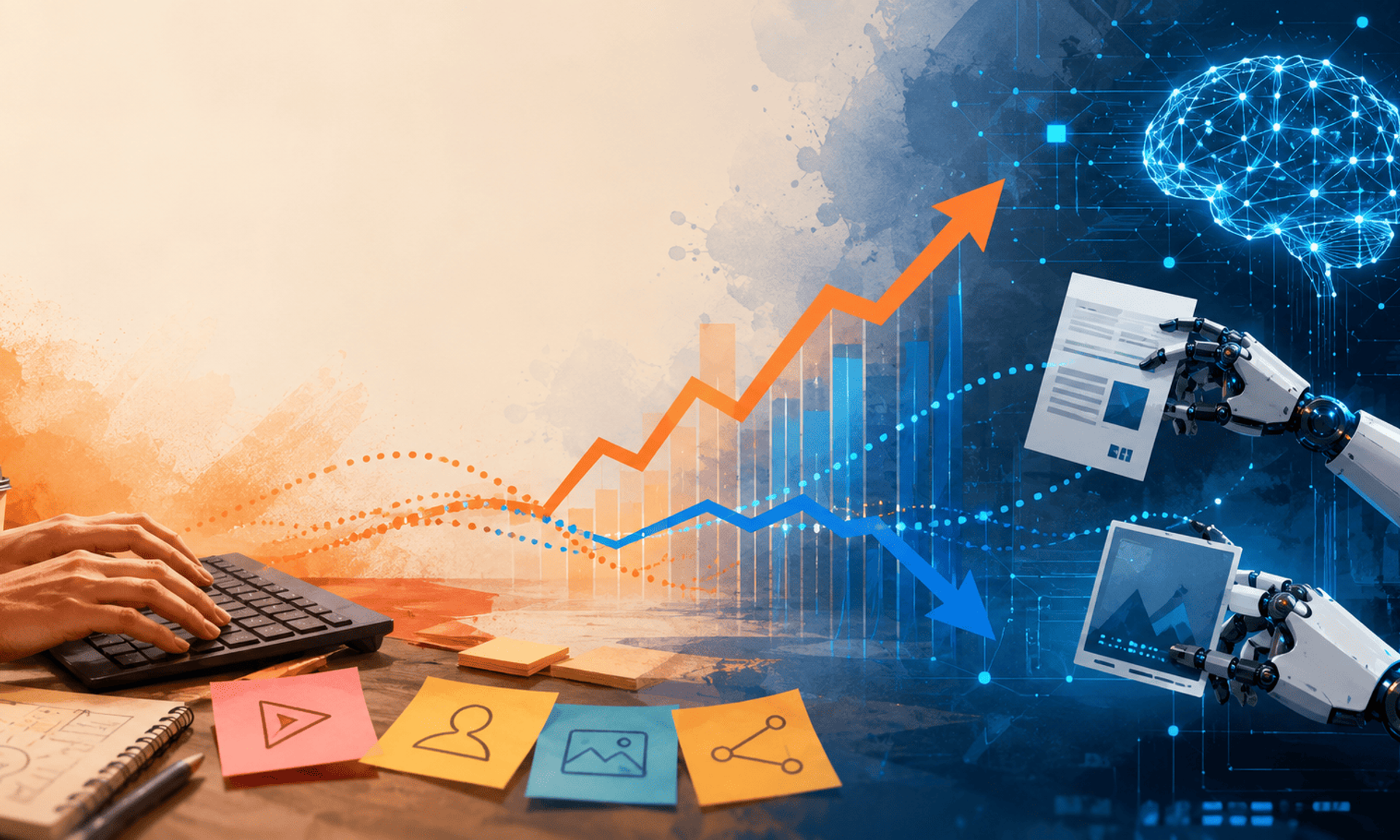 Ilustracion digital semi-realista que muestra la colaboracion entre creacion de contenido humano y la inteligencia artificial con un grafico de rendimiento SEO en el centro