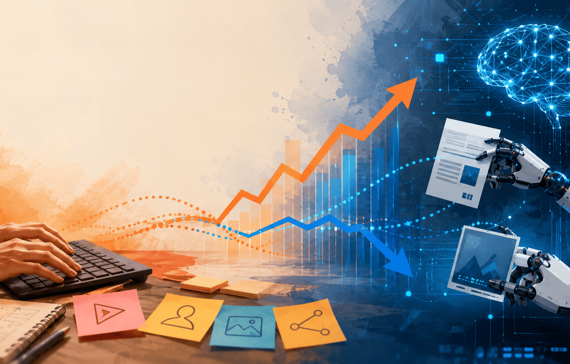 Ilustracion digital semi-realista que muestra la colaboracion entre creacion de contenido humano y la inteligencia artificial con un grafico de rendimiento SEO en el centro