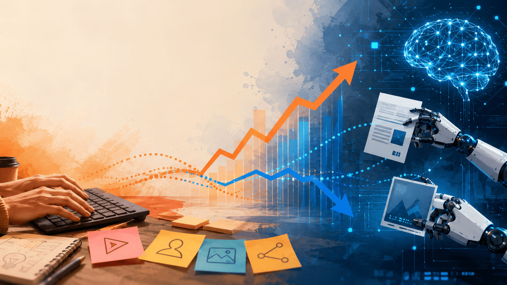 Ilustracion digital semi-realista que muestra la colaboracion entre creacion de contenido humano y la inteligencia artificial con un grafico de rendimiento SEO en el centro