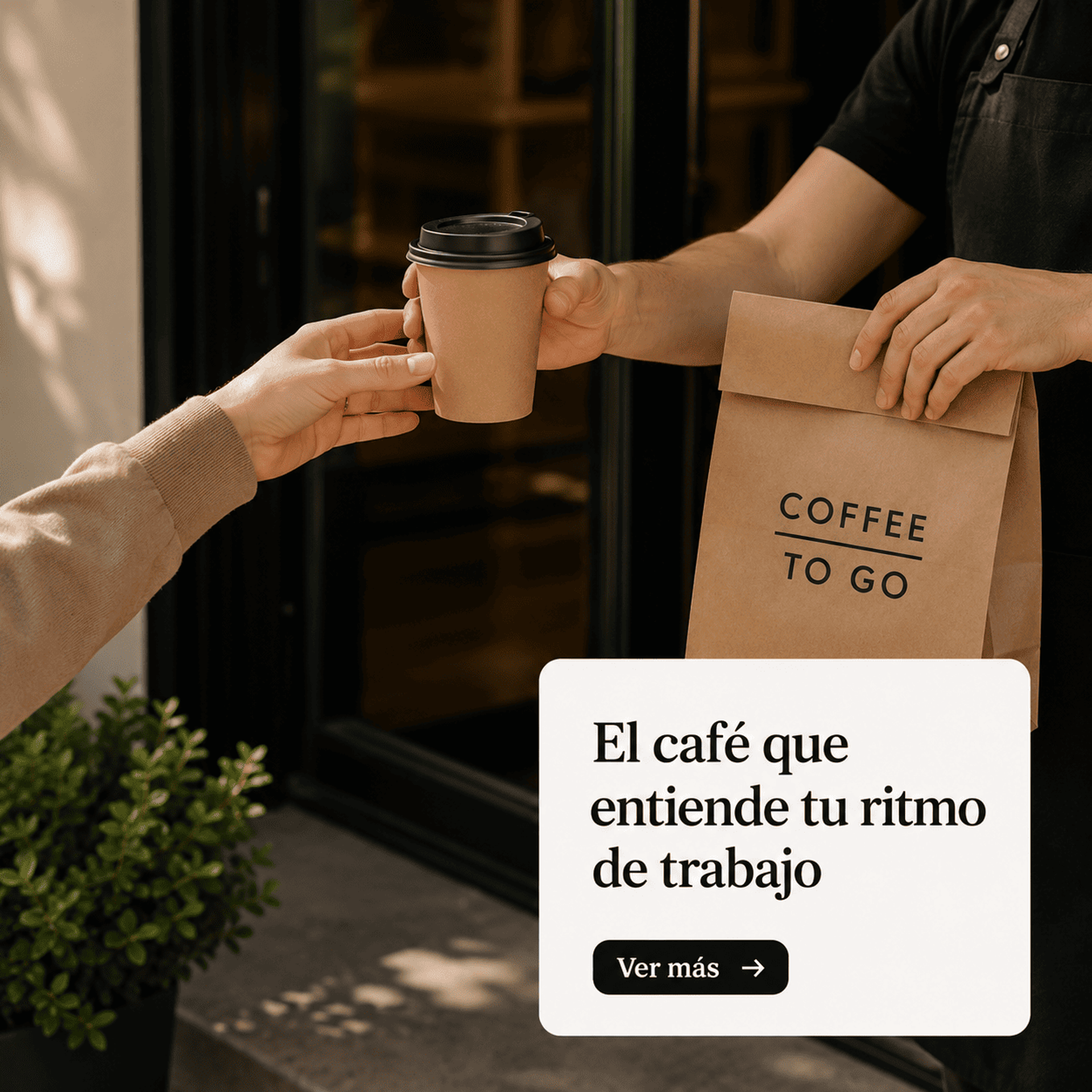 Anuncio de Instagram de cafeteria mostrando entrega de cafe y bolsa con texto publicitario