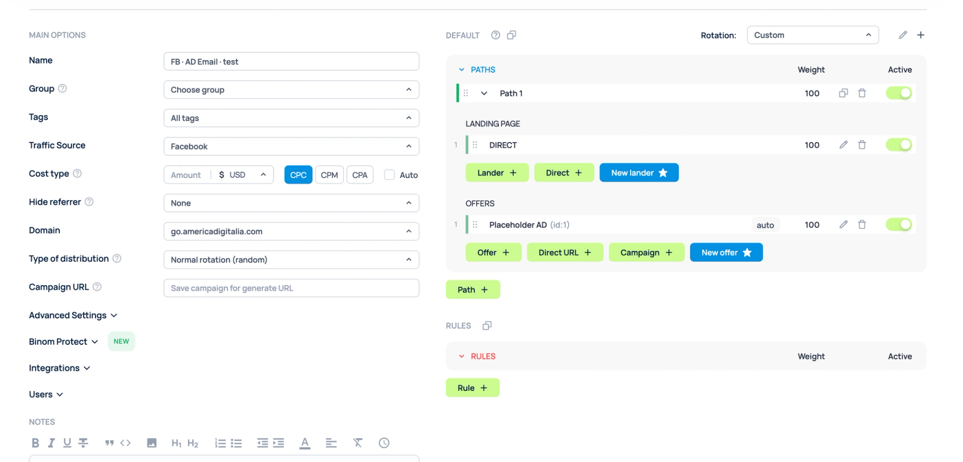 Configuración de campaña en Binom con Facebook, dominio, landing directa y oferta seleccionada.