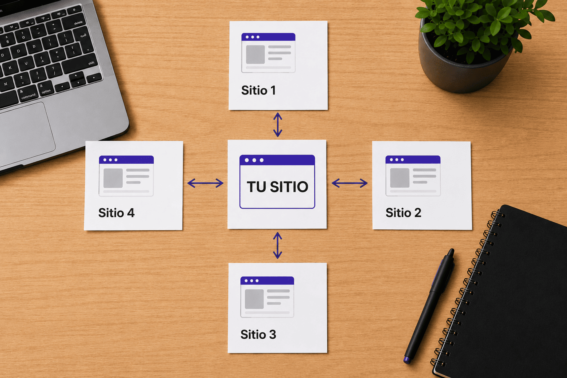 Visualización de red de backlinks entre sitios web para SEO off-page.