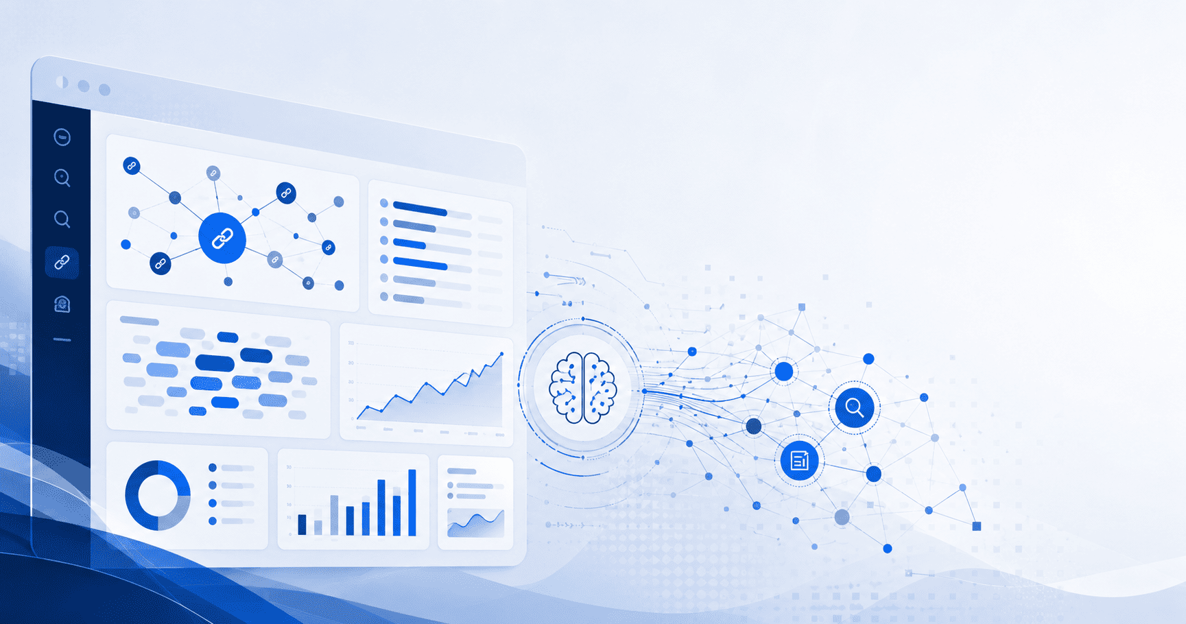 Dashboard SEO con gráficos de enlaces, nubes de palabras clave y red de inteligencia artificial conectada.
