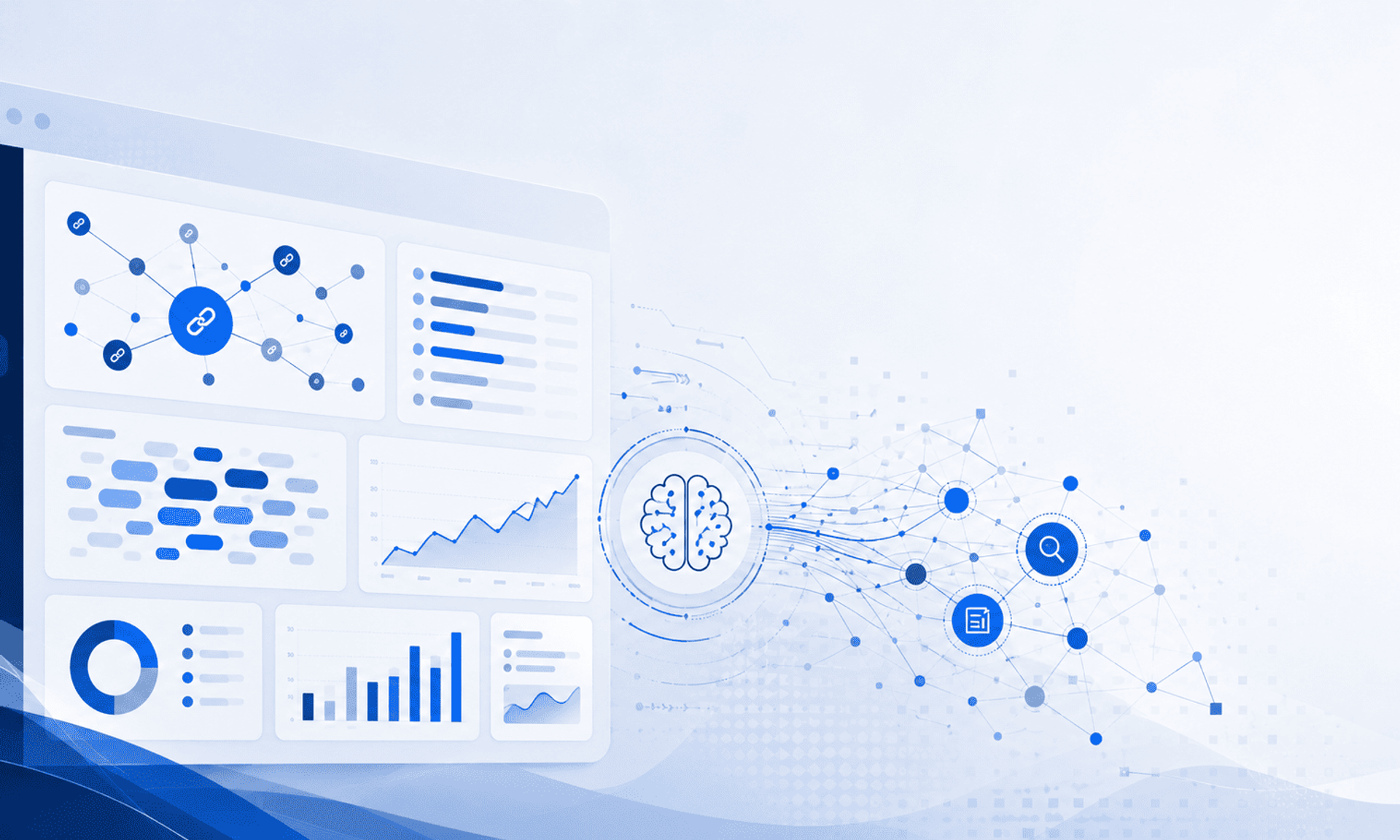 Dashboard SEO con gráficos de enlaces, nubes de palabras clave y red de inteligencia artificial conectada.