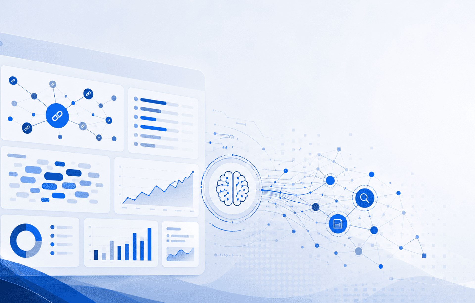 Dashboard SEO con gráficos de enlaces, nubes de palabras clave y red de inteligencia artificial conectada.