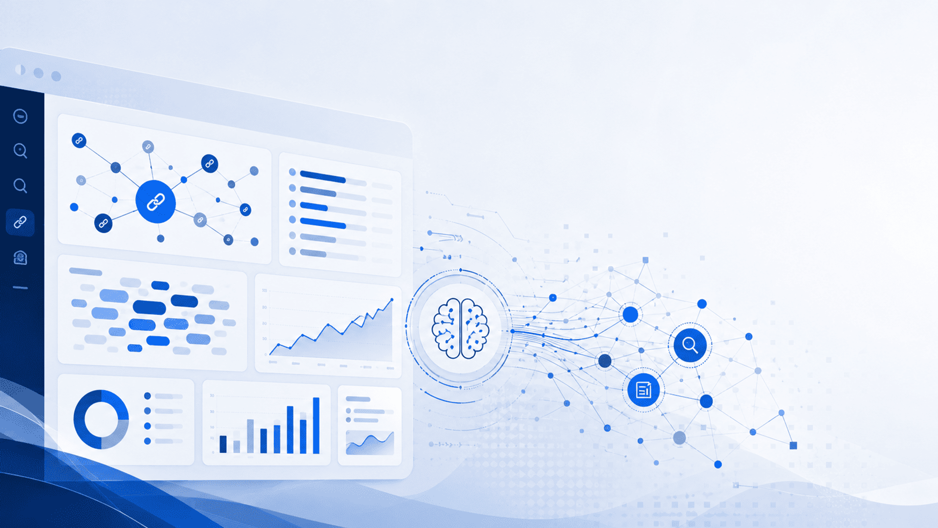 Dashboard SEO con gráficos de enlaces, nubes de palabras clave y red de inteligencia artificial conectada.