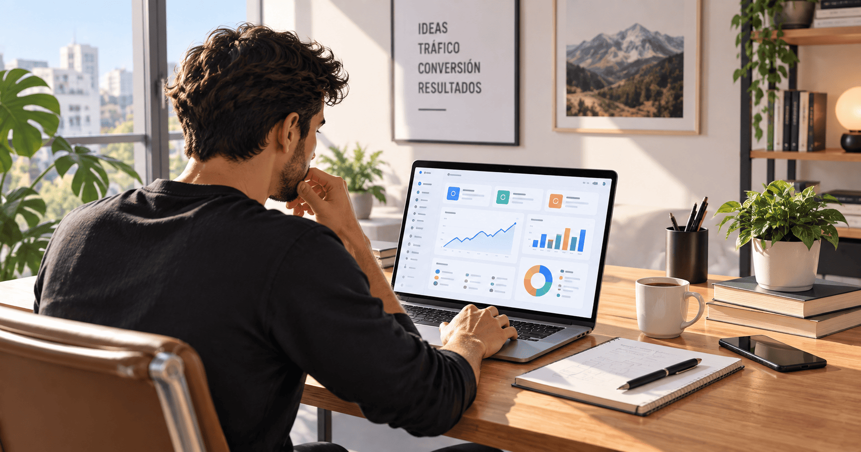 Profesional de marketing digital analizando un dashboard de IA en su oficina en casa.